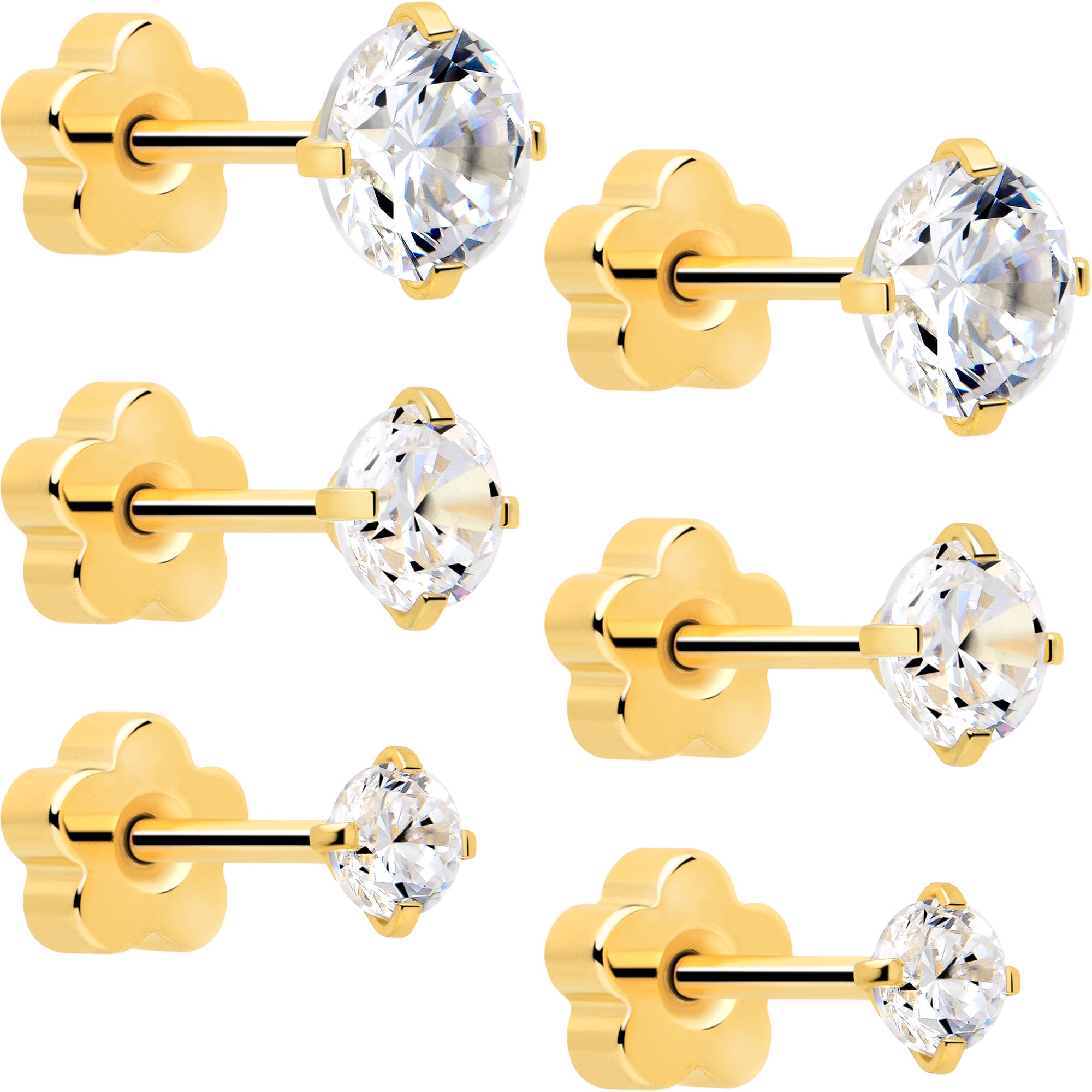 clear cz 20 gauge flat back flower earrings reversible set of 6