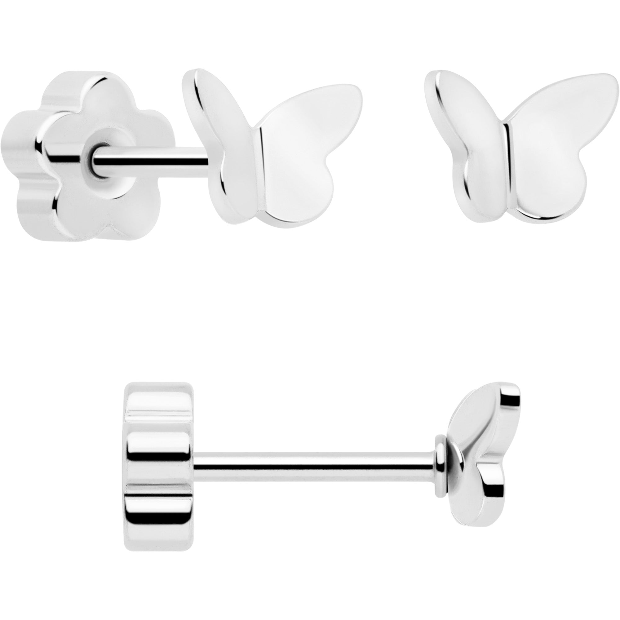 20G CZ Gem Ball Arch Butterfly Reversible Flower Flat Back Earring Set of 6