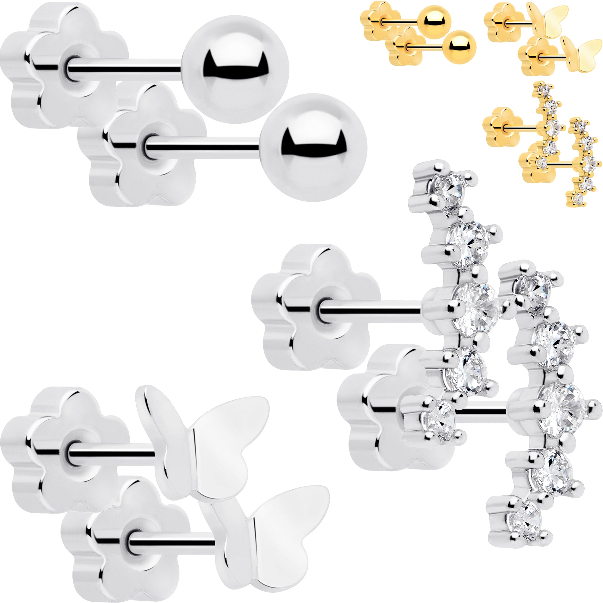 flat back reversible butterfly flower earrings 20 gauge clear cz gem set