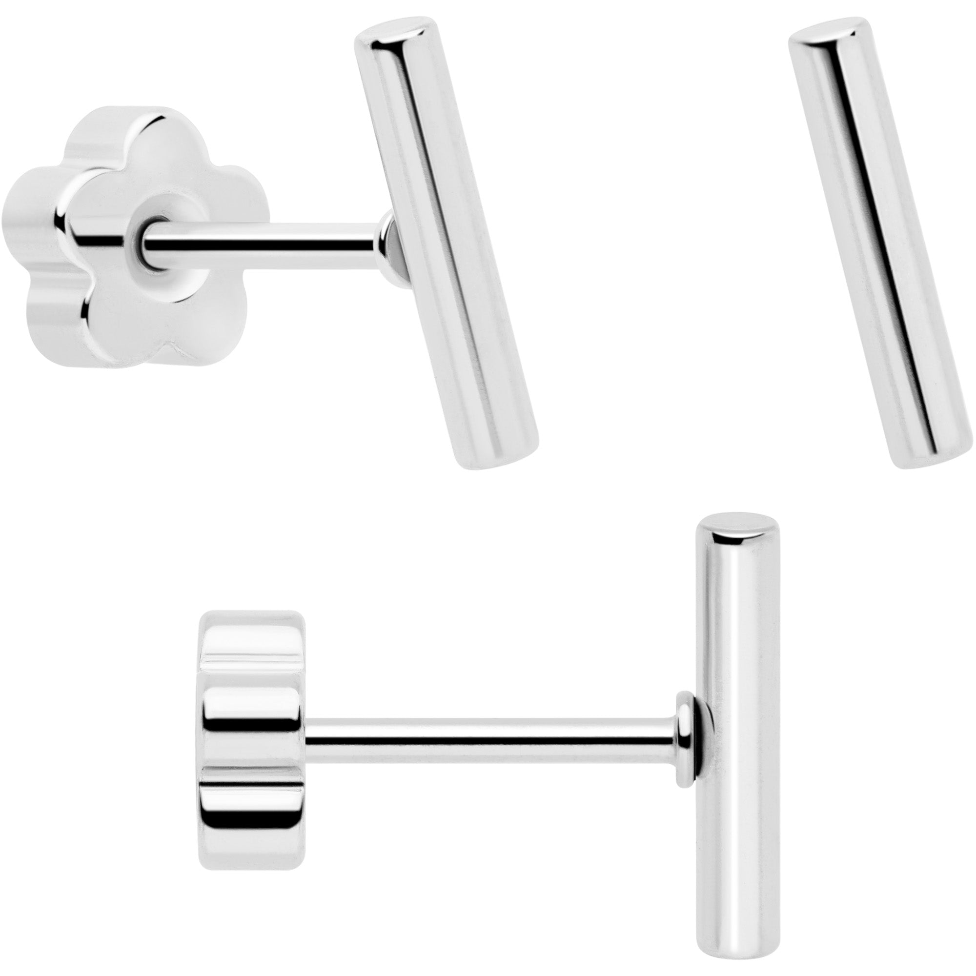 20G Clear CZ Gem Moon Circle Bar Reversible Flower Flat Back Earring Set of 6