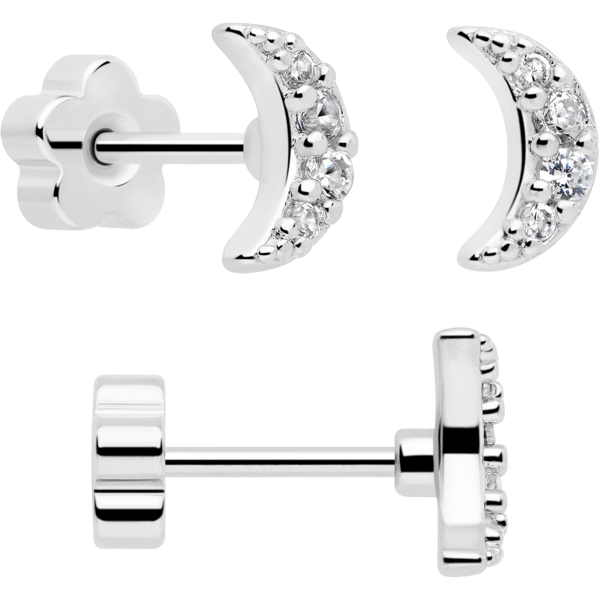 20G Clear CZ Gem Moon Circle Bar Reversible Flower Flat Back Earring Set of 6