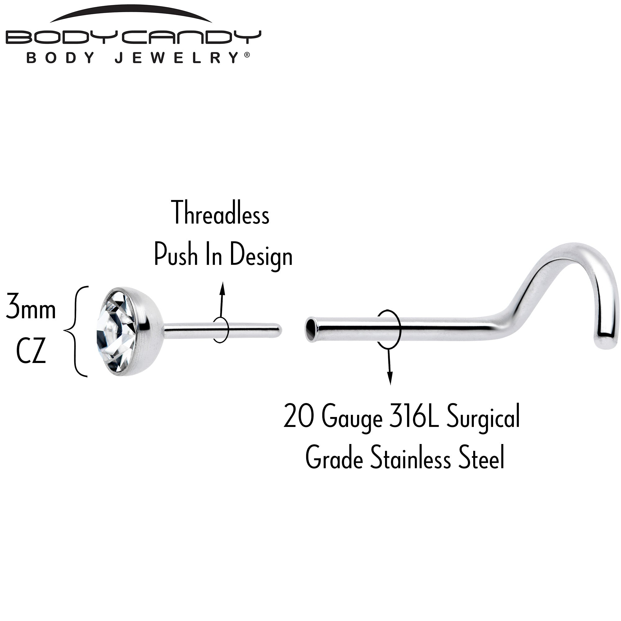 3mm CZ Bezel Set Nose Ring 20 Gauge Left