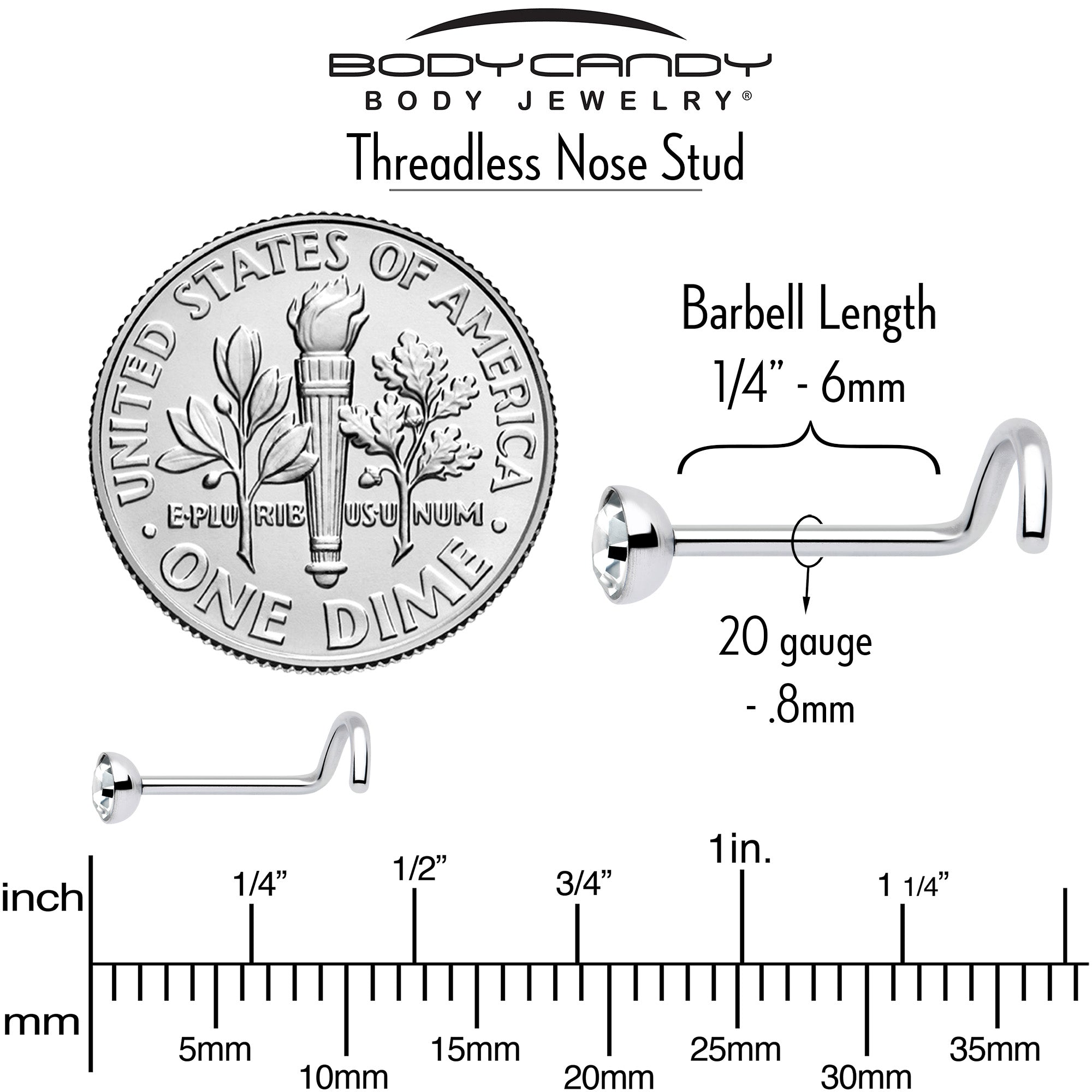 Bezel Set 3mm CZ Clear Nose Ring 20 Gauge Left