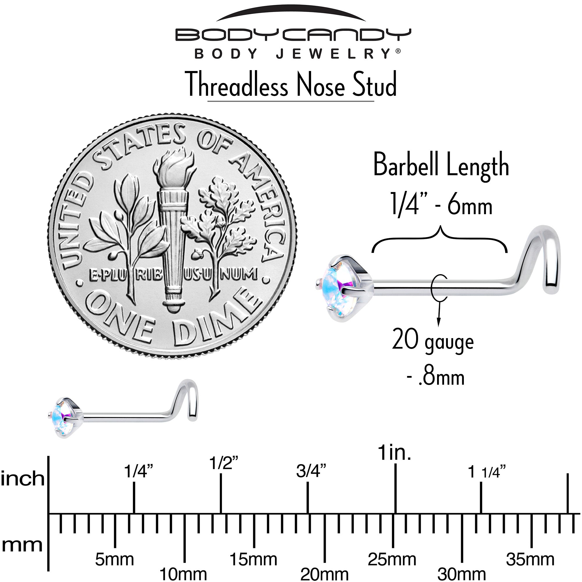 20 Gauge Threadless Nose Ring with CZ