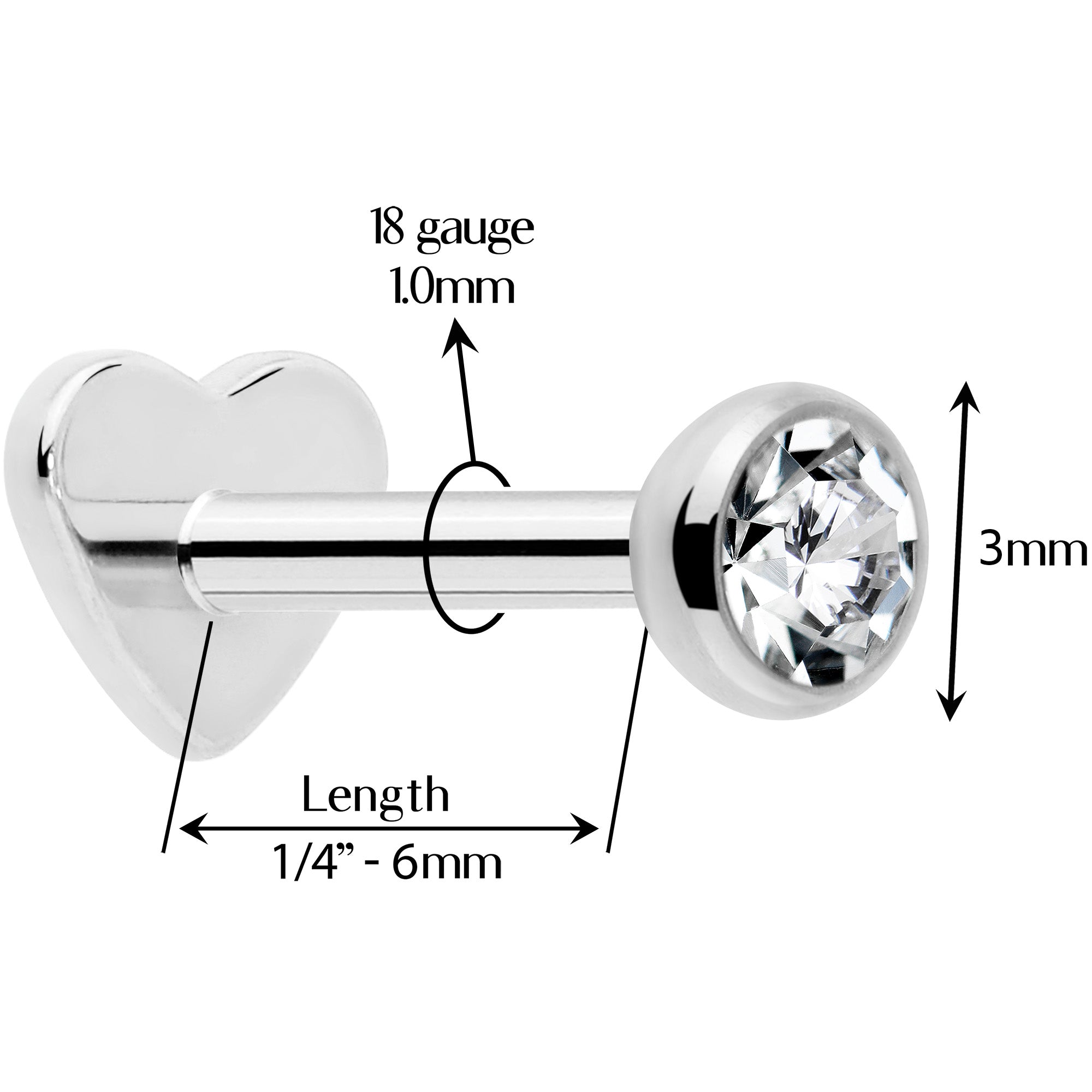 Threadless titanium heart stud earring reversible clear gem flat back