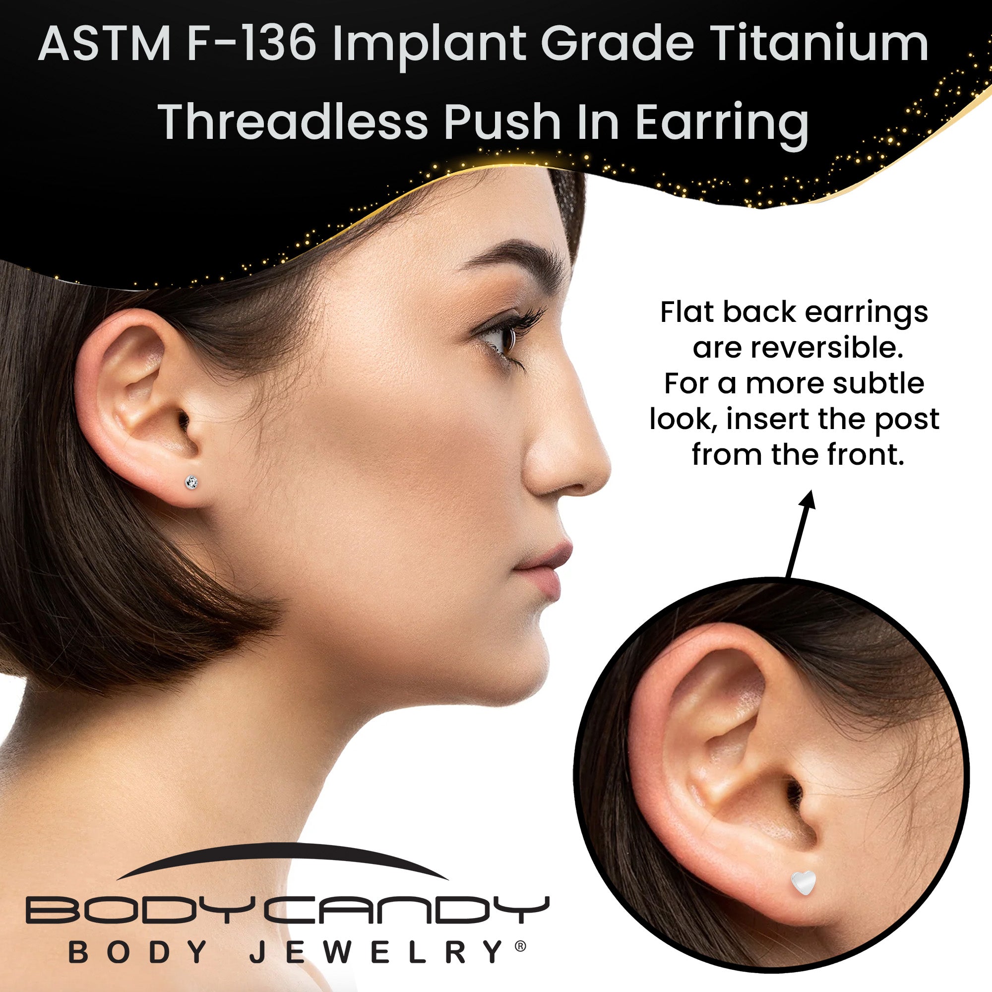 18G Gem Implant Titanium Reversible Threadless Heart Flat Back Earring