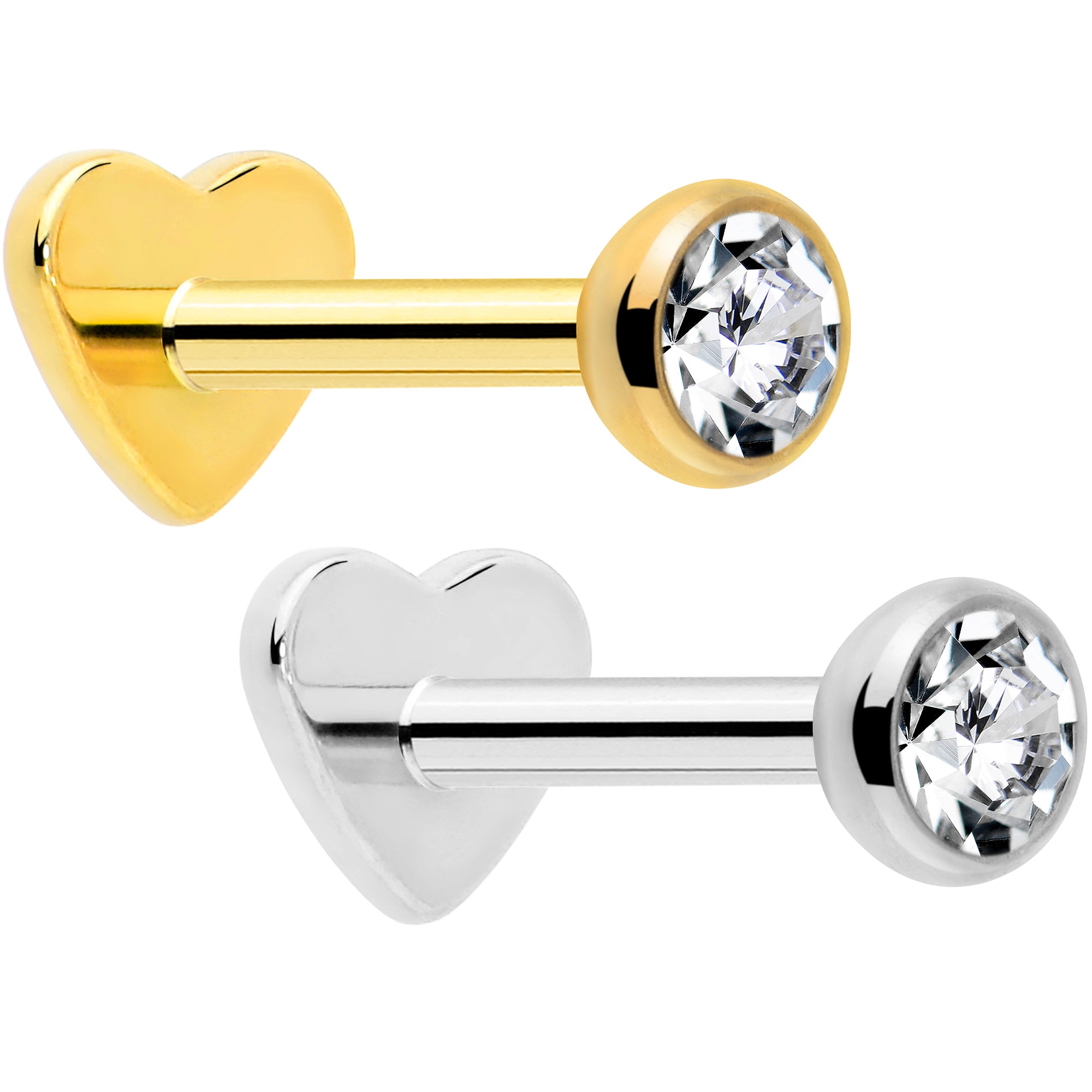 18G implant titanium heart flat back earring clear gem gold tone plated stud