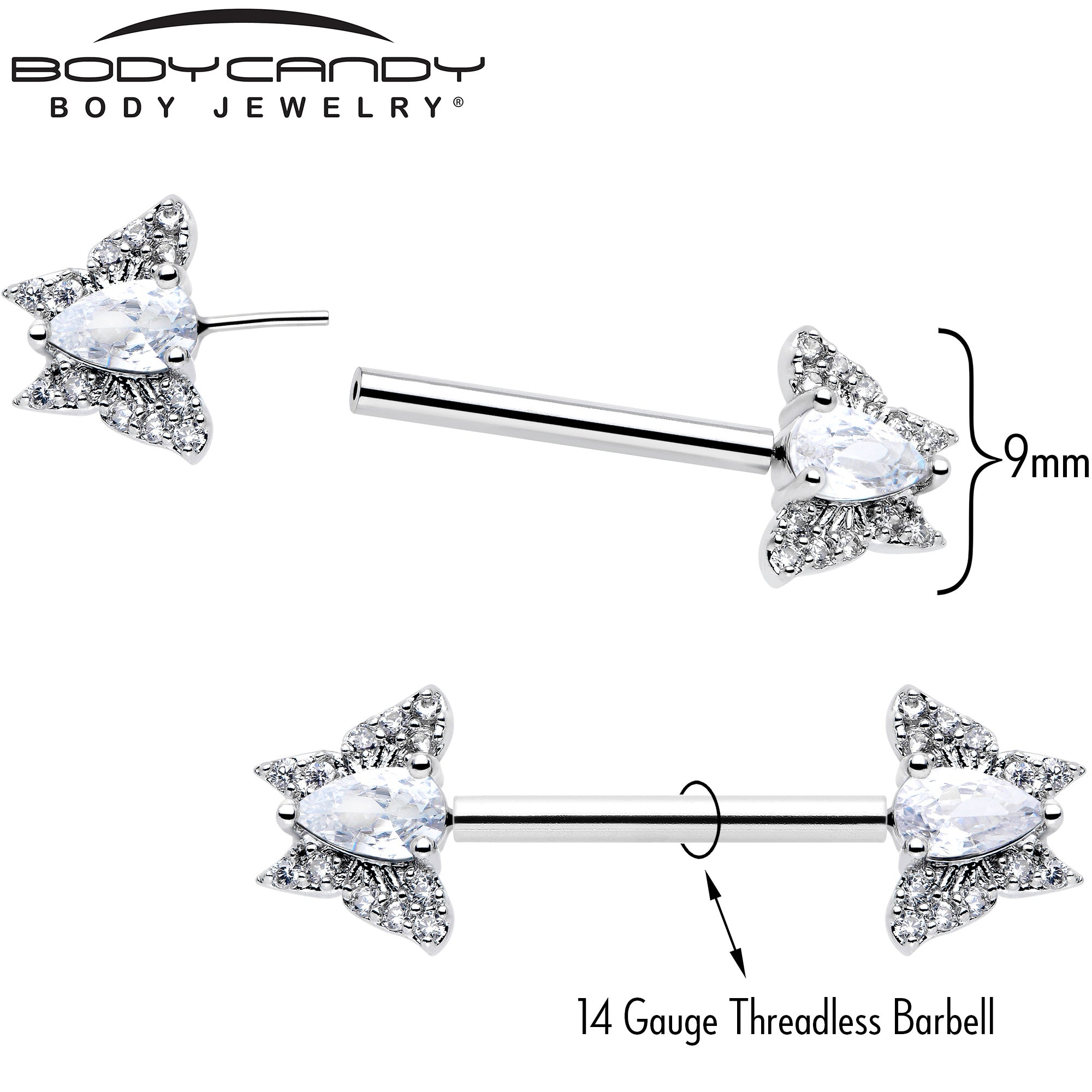 14 Gauge Butterfly Barbell Nipple Rings with Clear CZ