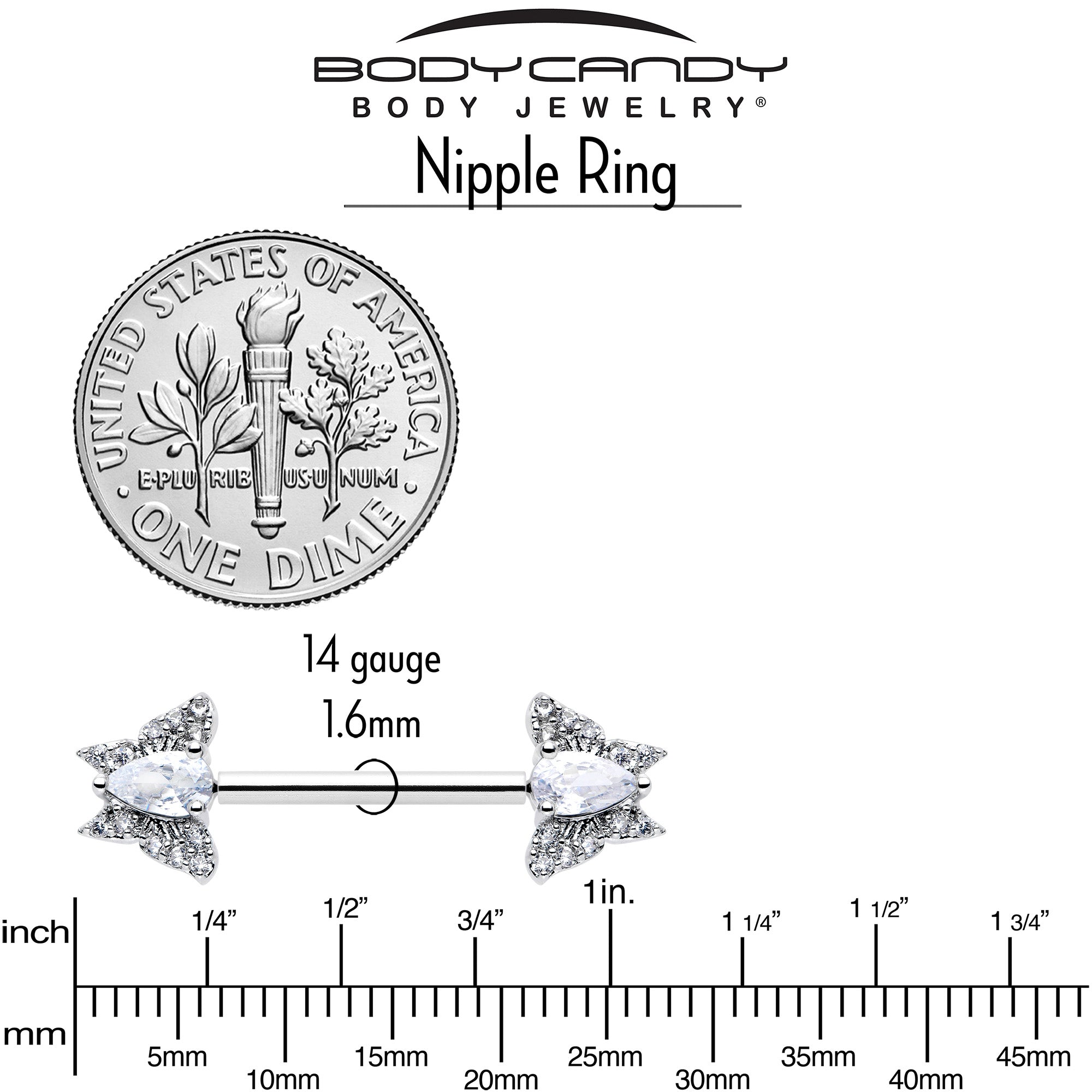 14 Gauge CZ Butterfly Nipple Barbell Rings 9/16