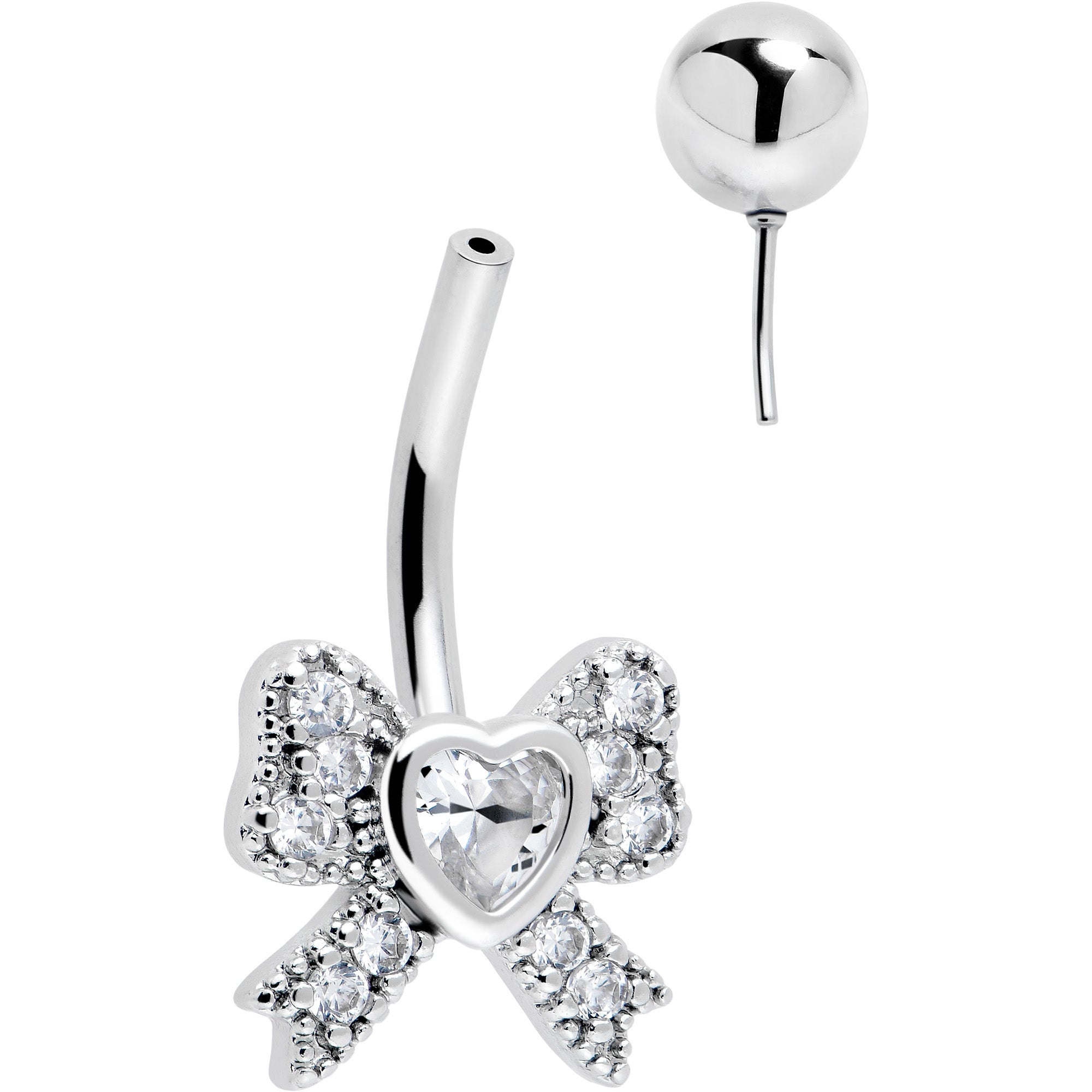 Pink Clear CZ Heart Belly Ring with Bow