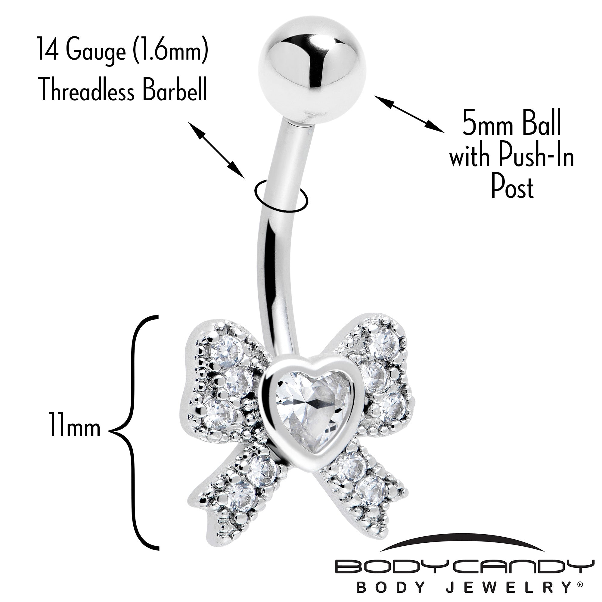 CZ Belly Ring with Heart Bow