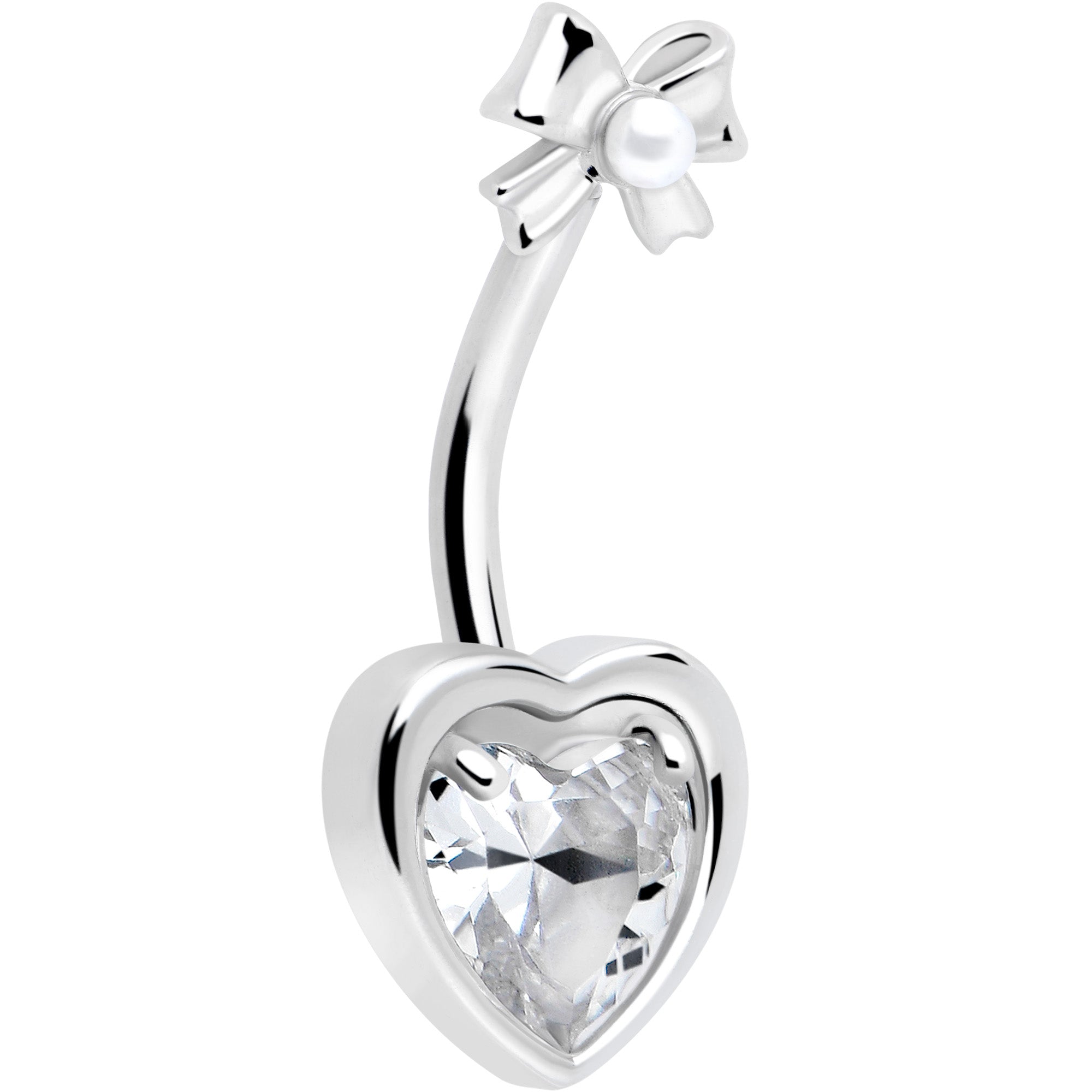 Clear CZ Love Ribbon Heart Belly Ring