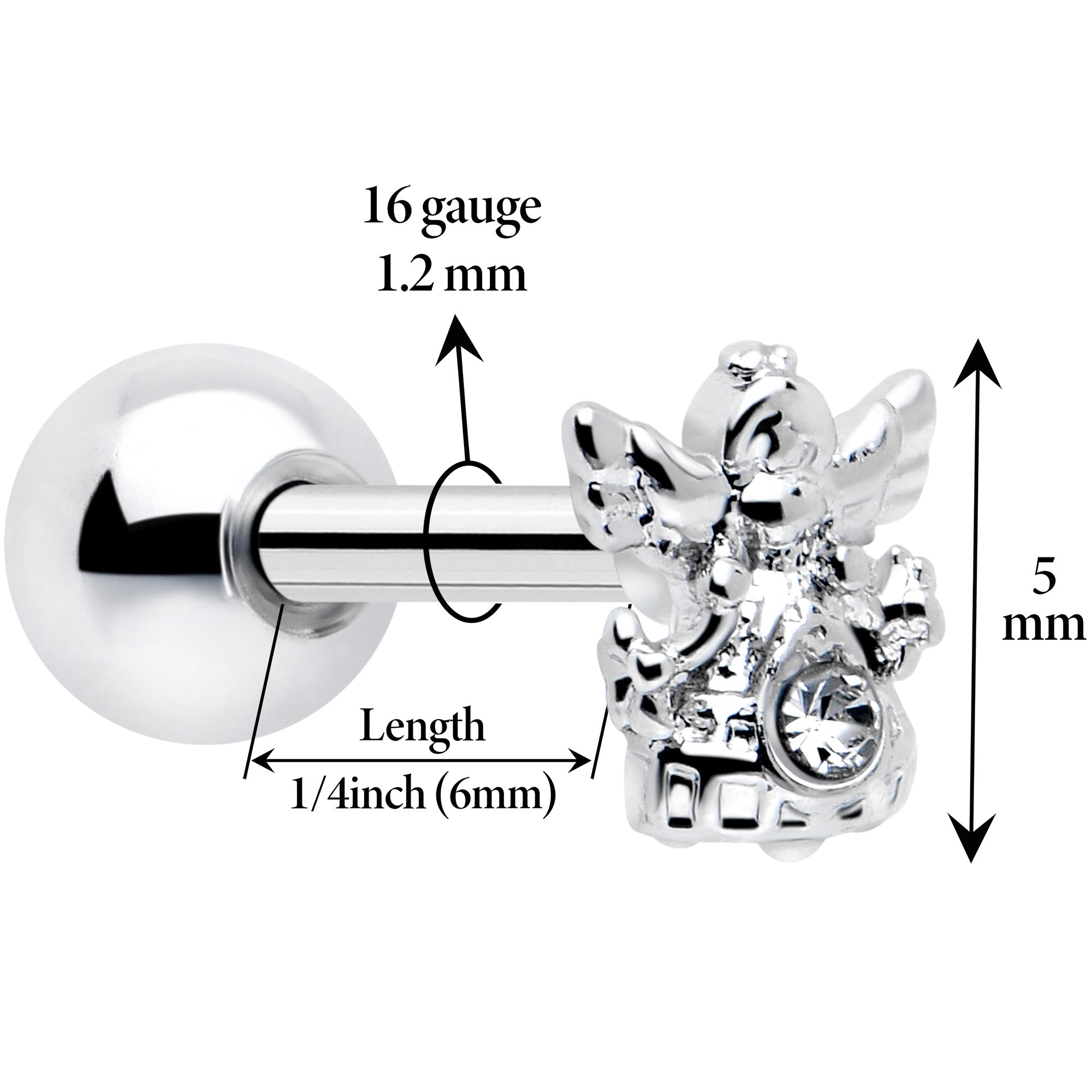 16G 1/4 Clear CZ Gem Fabulous Angel Cartilage Tragus Earring