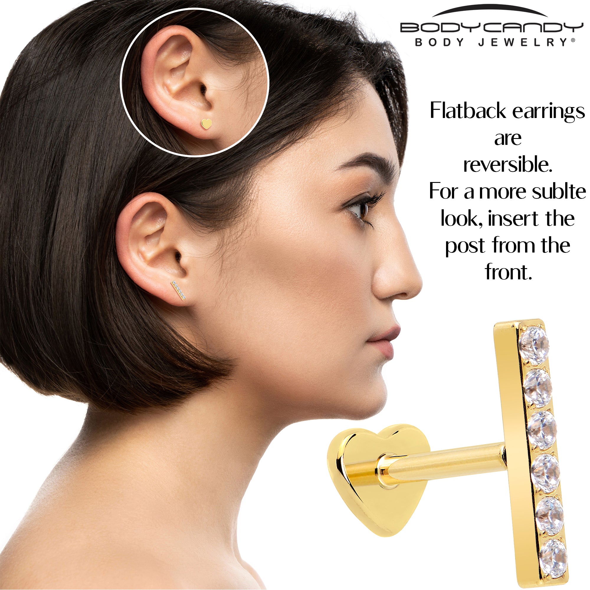 Threadless Bar 18 Gauge Flatback Stud Clear Gem Gold Plated Titanium