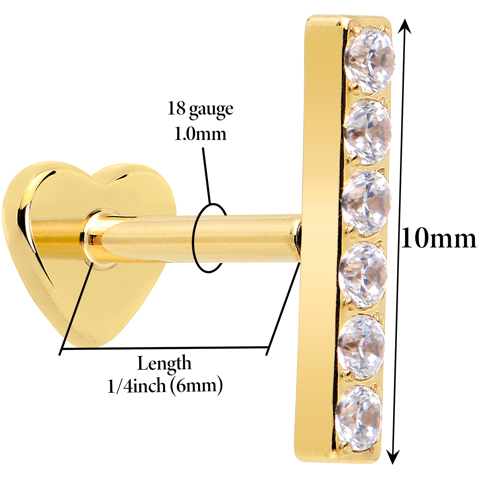 18G 1/4 Clear Gem Gold Plated Implant Grade Titanium Threadless Bar Flatback Stud