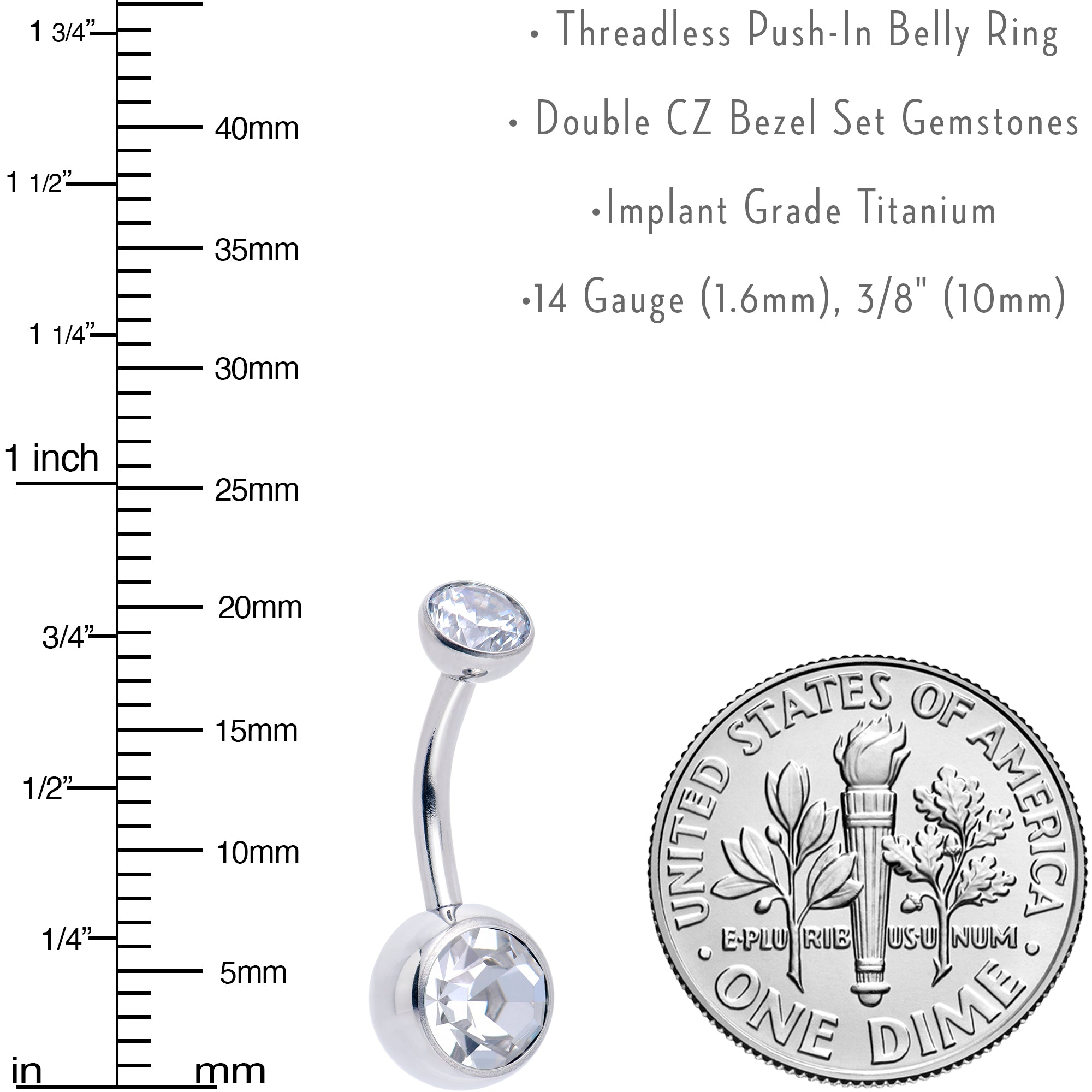 Double CZ Implant Grade Titanium Threadless Bezel Push In Belly Ring
