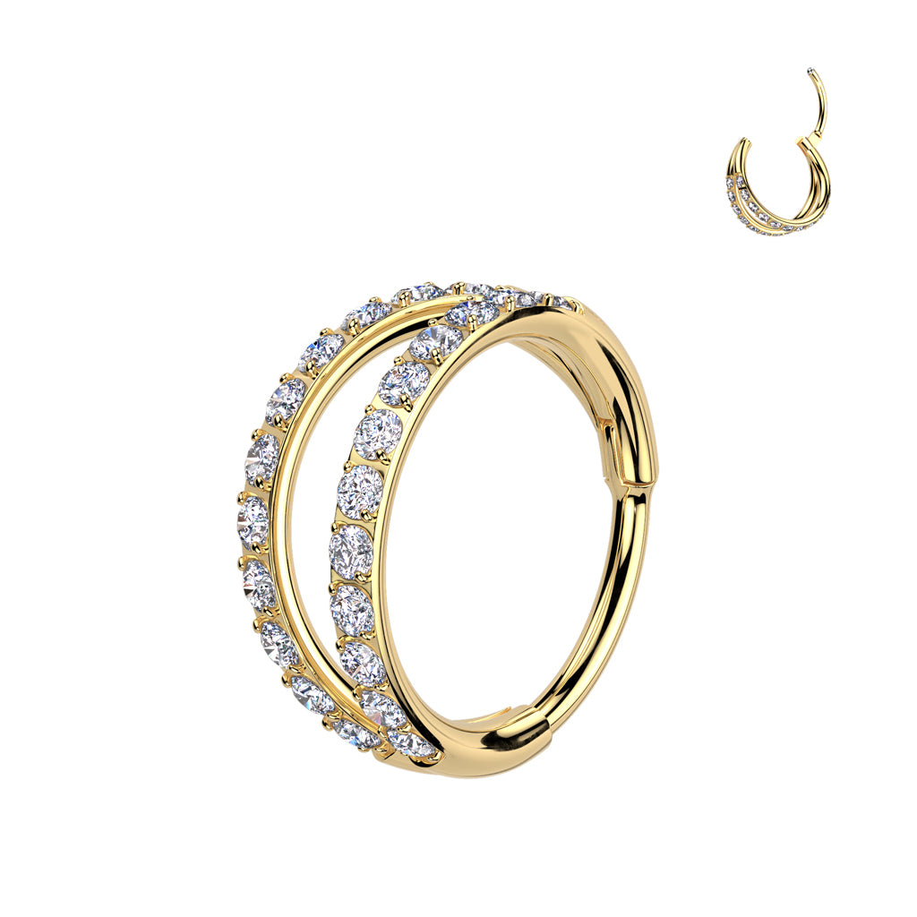 20g gold tone titanium double hinged nose hoop with clear cz gem