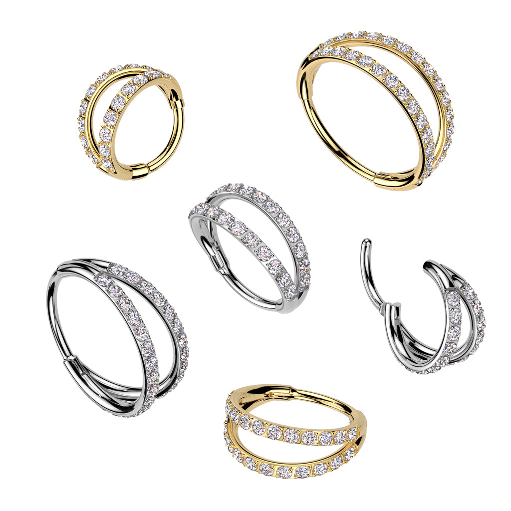 20G Clear CZ Gem Gold Tone Implant Titanium Hinged Double Hoop Nose Ring
