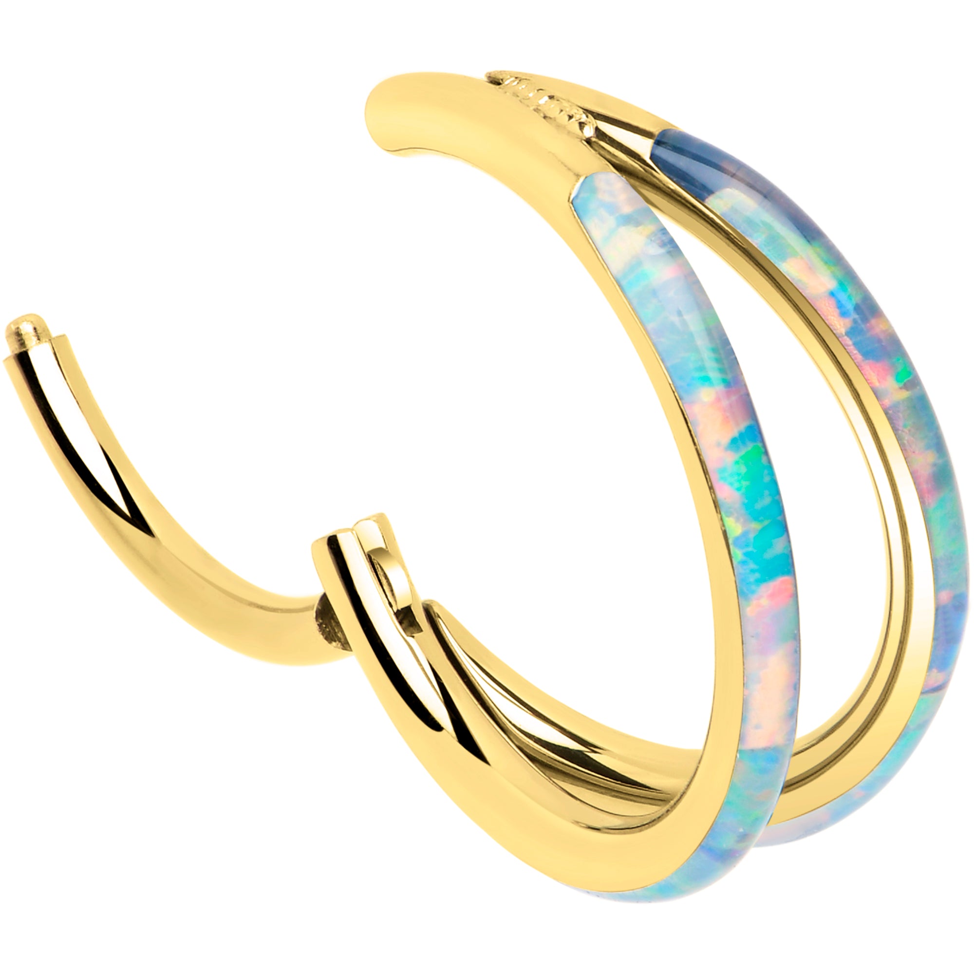 dainty gold titanium opal double hoop nose piercing