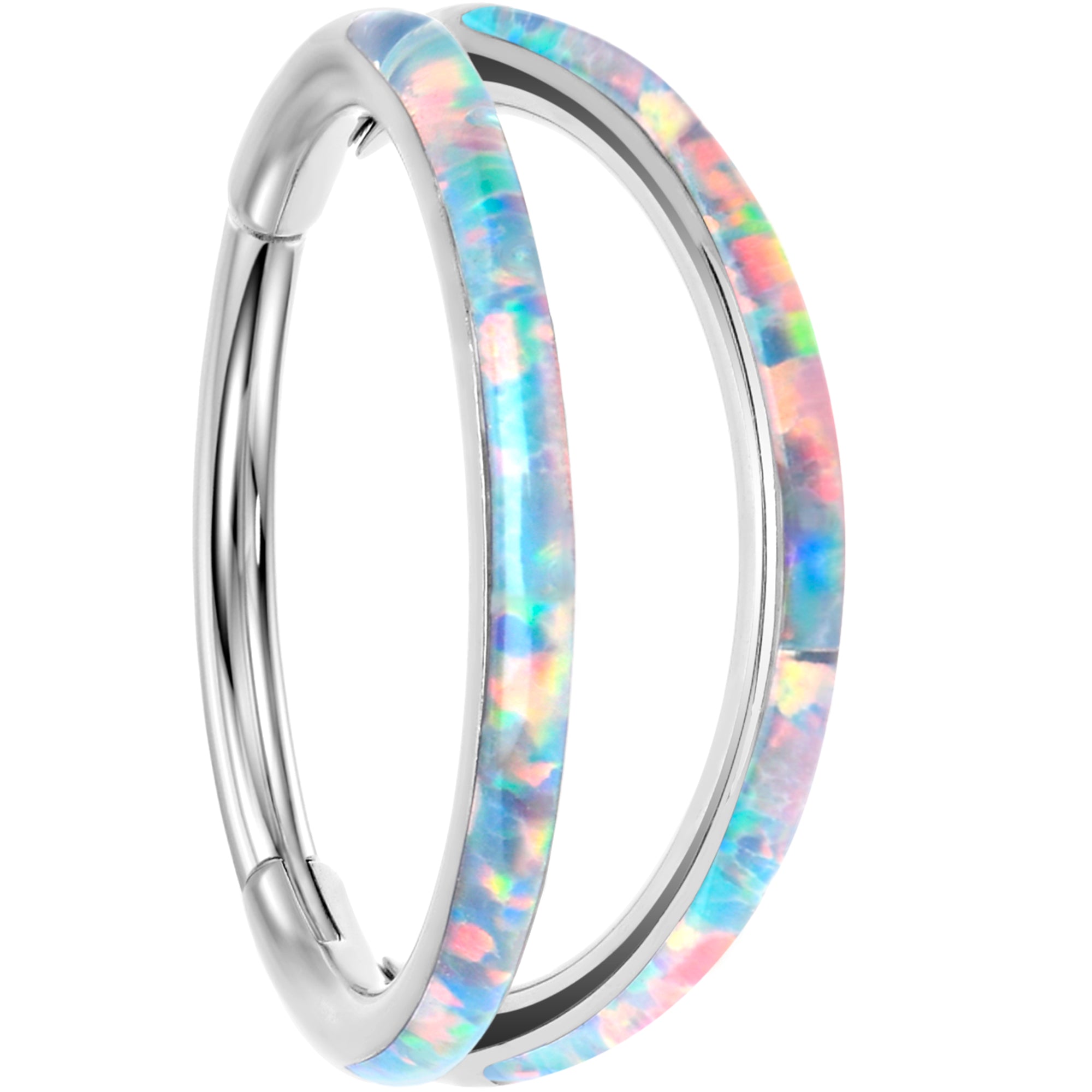 18G Synthetic Opal Implant Titanium Hinged Double Hoop Nose Ring