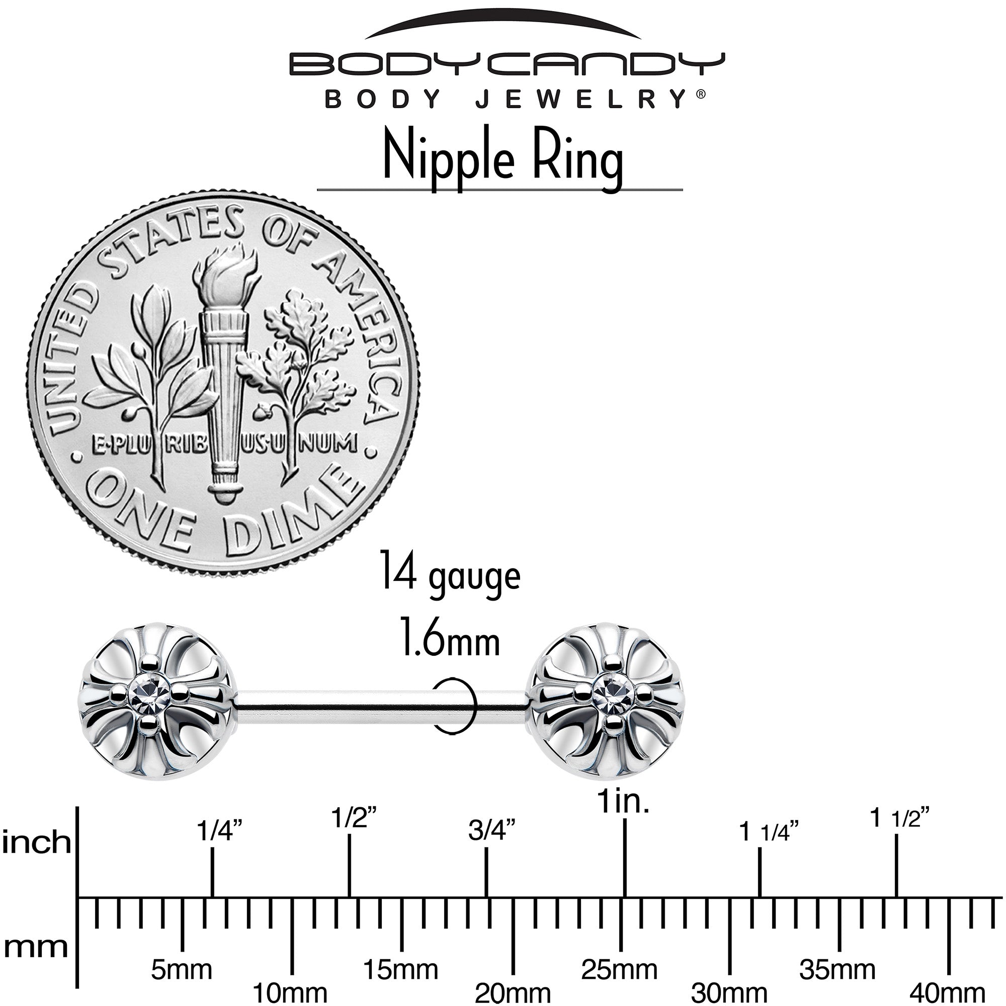 14G 9/16 Clear CZ Gem Simple Flower Barbell Nipple Ring Set