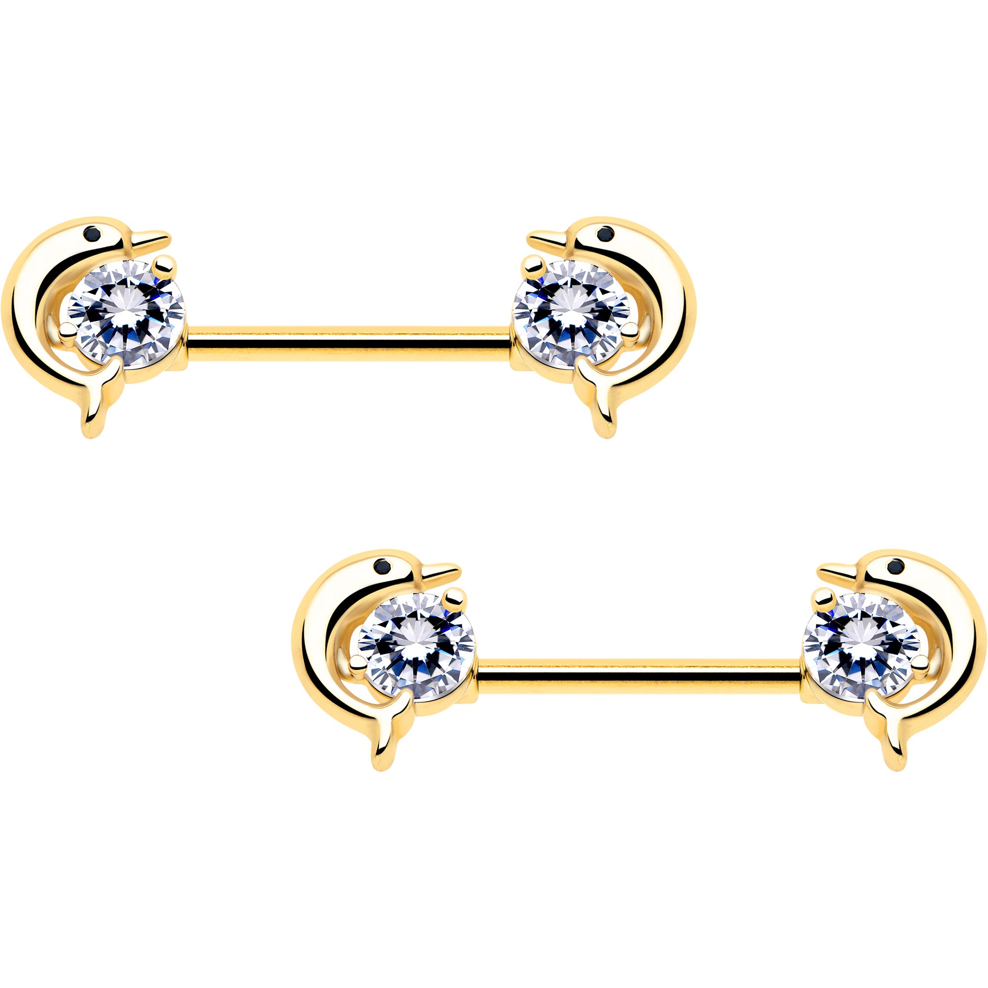 14g gold tone dolphin nipple ring set with clear cz gems