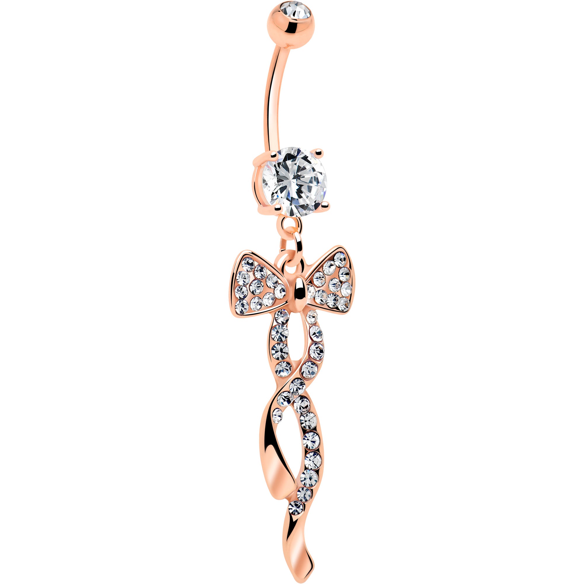 Clear CZ rose gold bow dangle belly ring