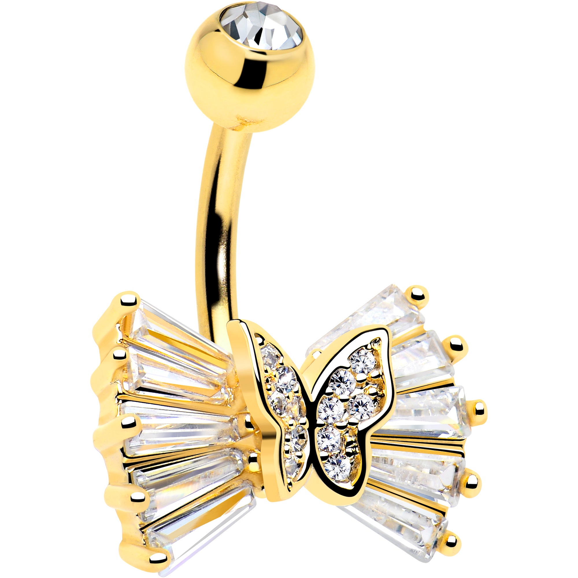 Clear CZ butterfly bow belly ring gold plated
