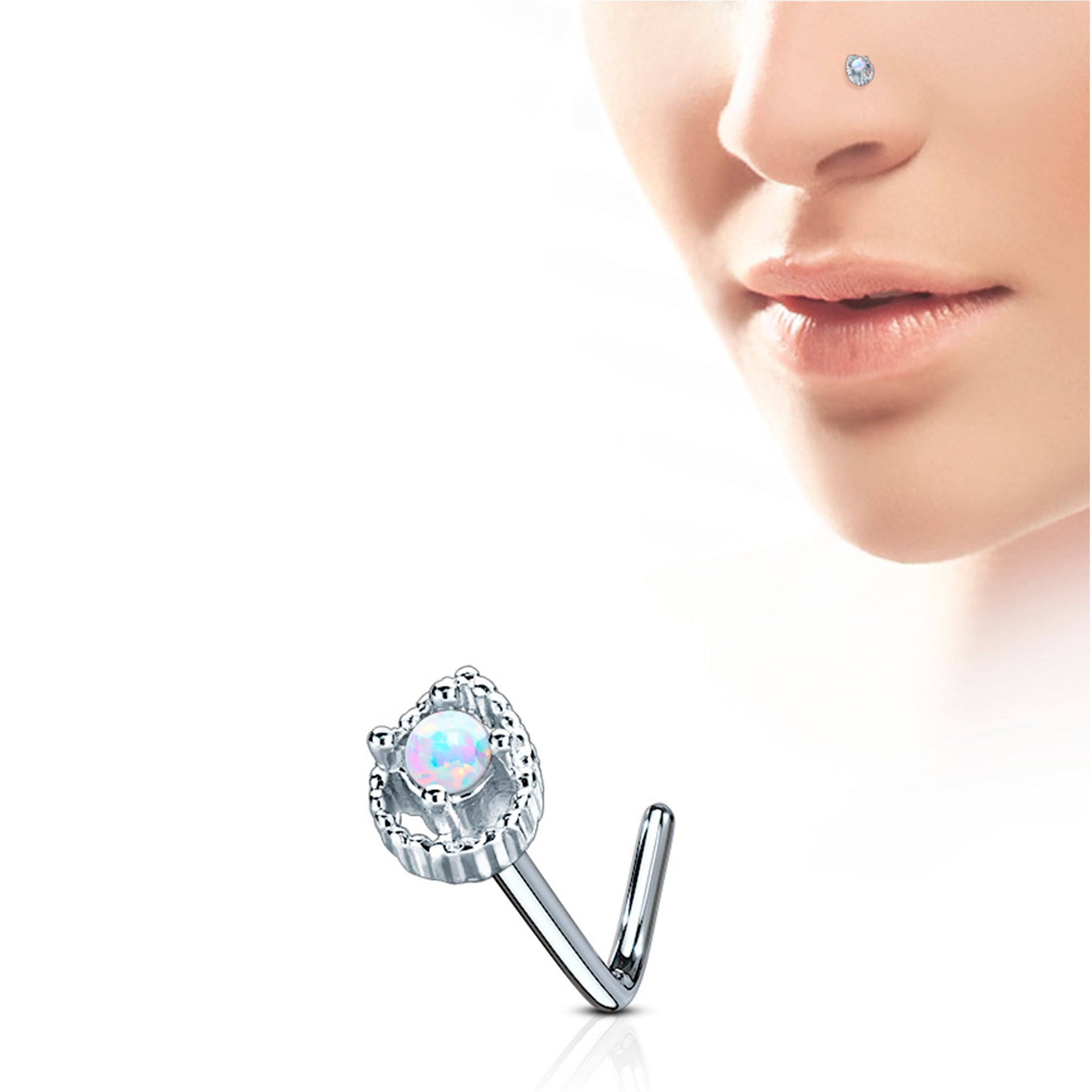 White opal teardrop 20G L bend nose stud