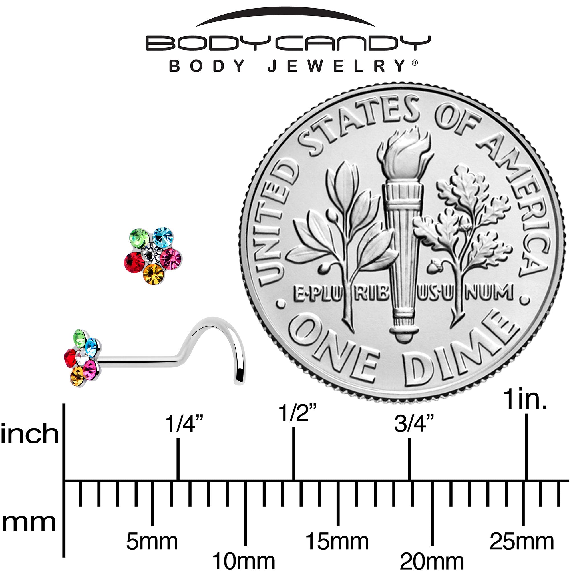 20G 1/4 Pink Blue Red Gem Hippie Flower Left Side Nose Screw