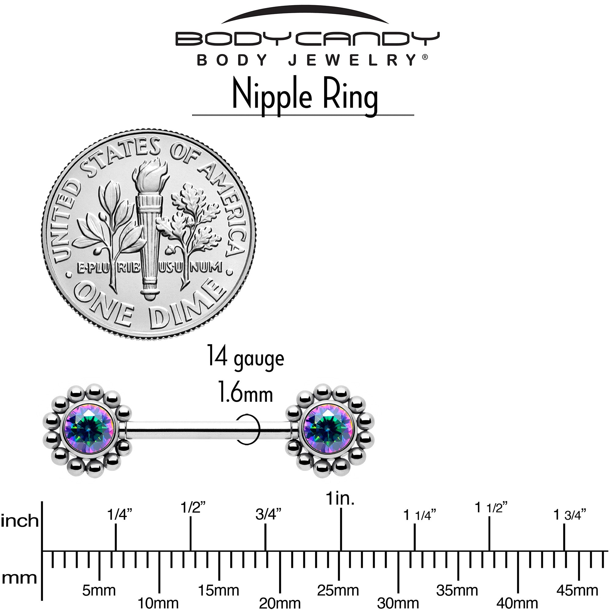 14G 9/16 Vitrail CZ Gem Beaded Edge Threadless Barbell Nipple Ring Set