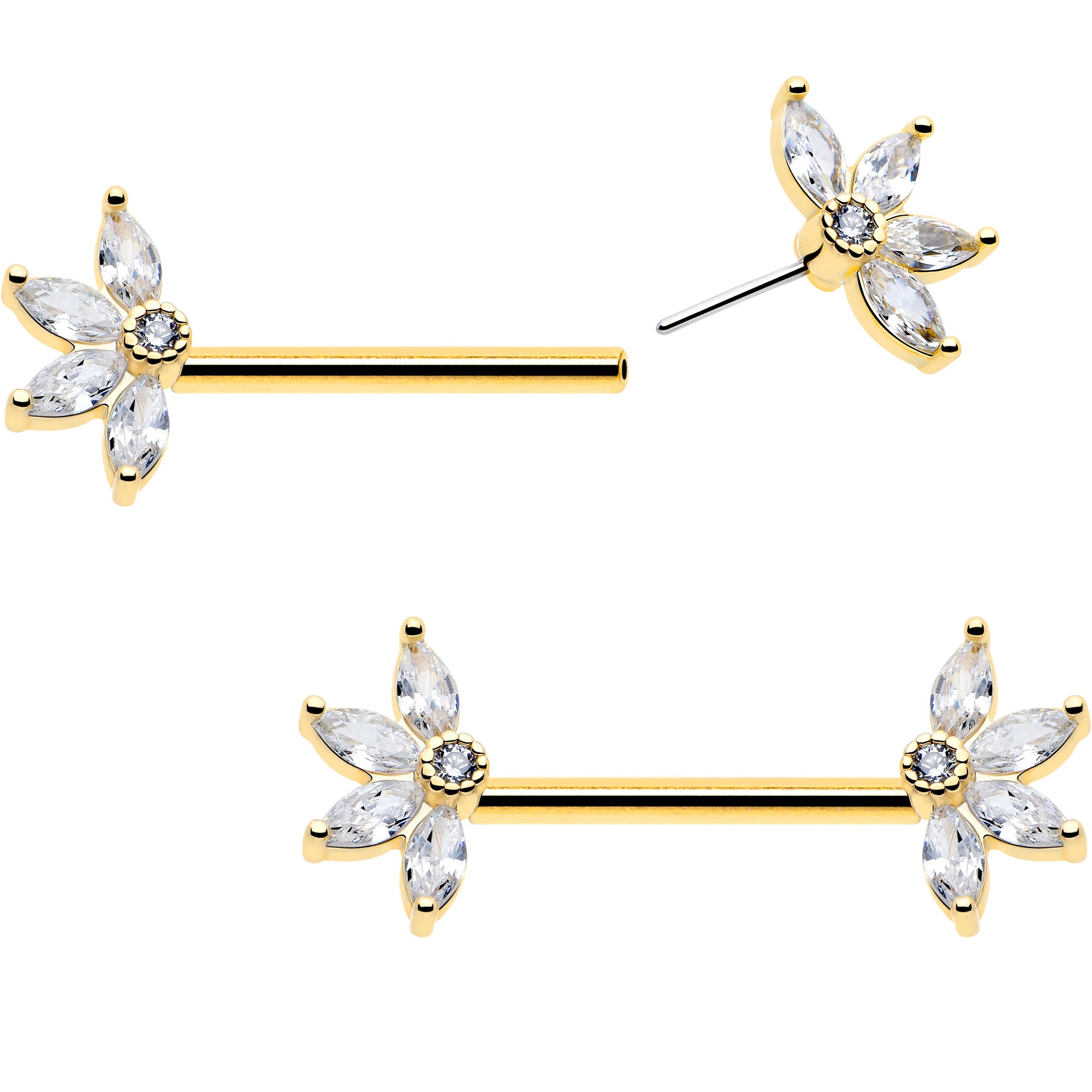 Threadless nipple ring gold tone floral clear cz jewelry