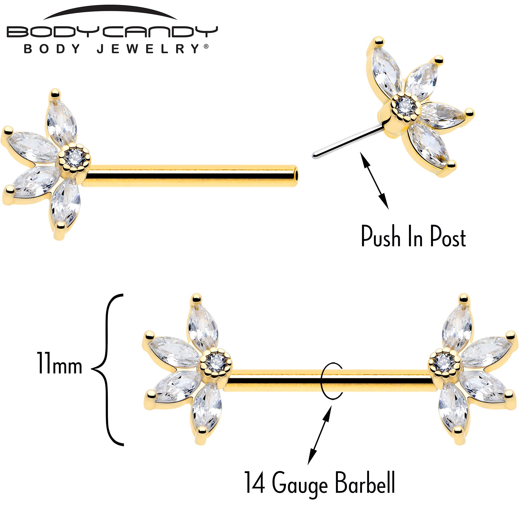 14mm length 14 gauge threadless nipple barbell floral cz