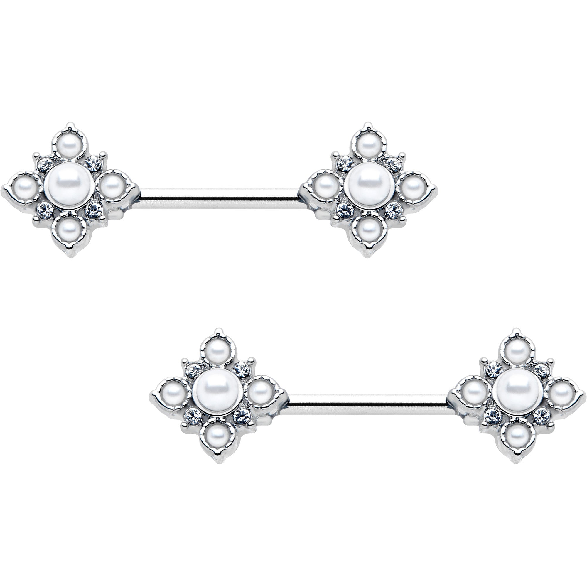 14g clear gem white faux pearl flower barbell nipple rings