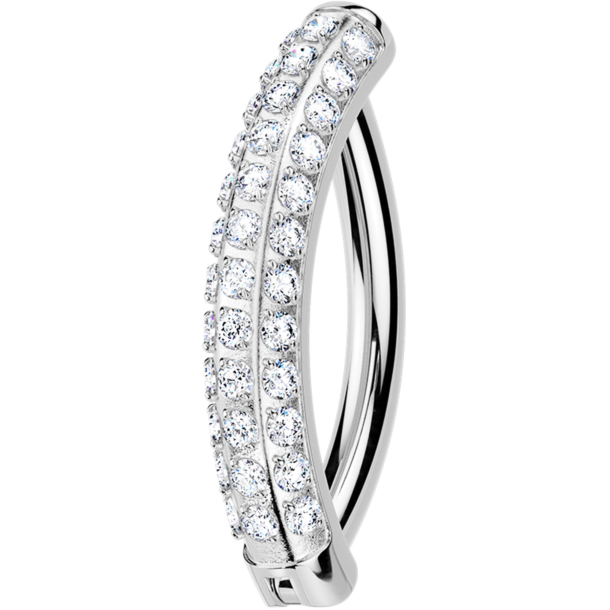 Clear CZ triple pave titanium hinged hoop belly ring