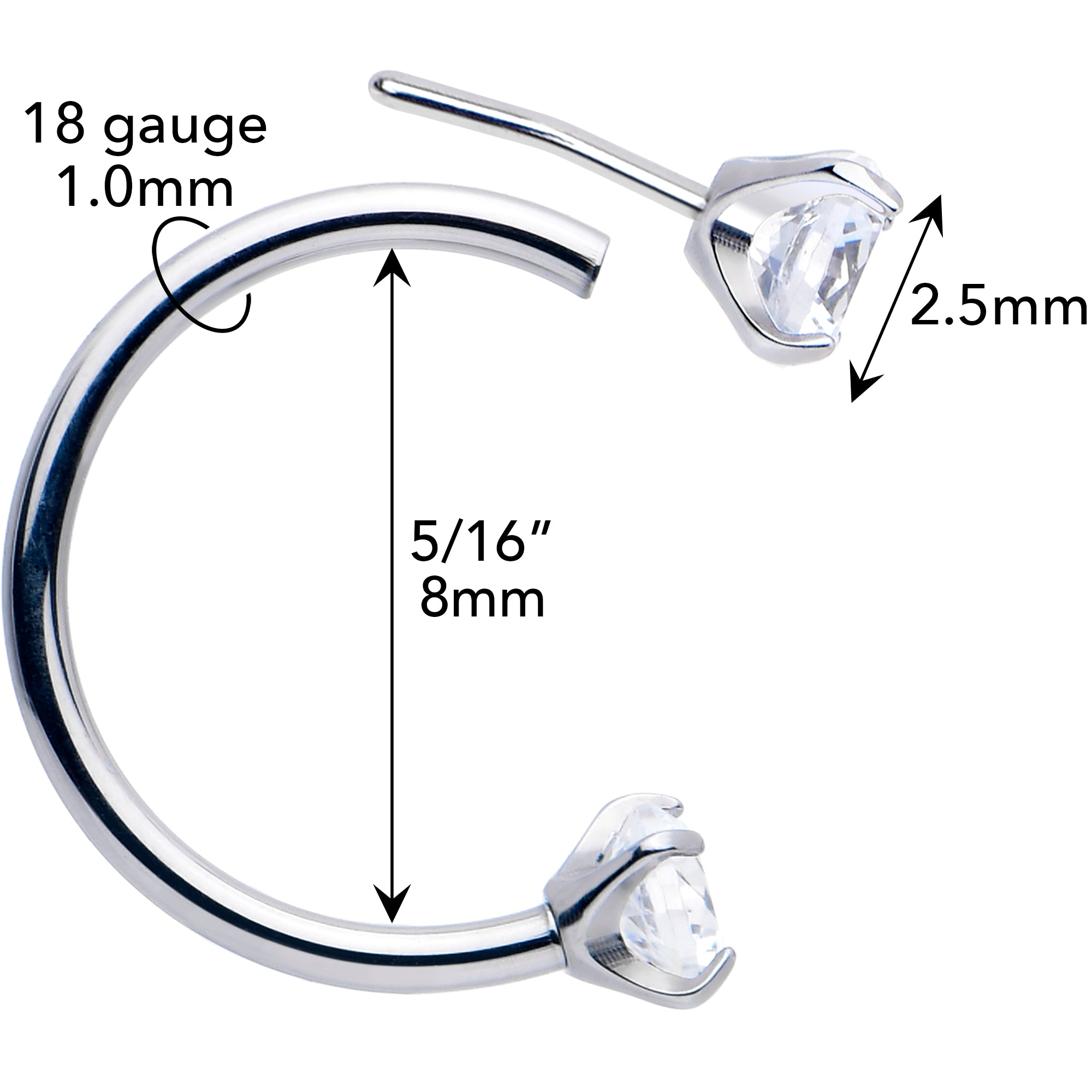 Double Gem Titanium Horseshoe Nose Ring - Push In Threadless Titanium CZ Horseshoe Nose Hoop