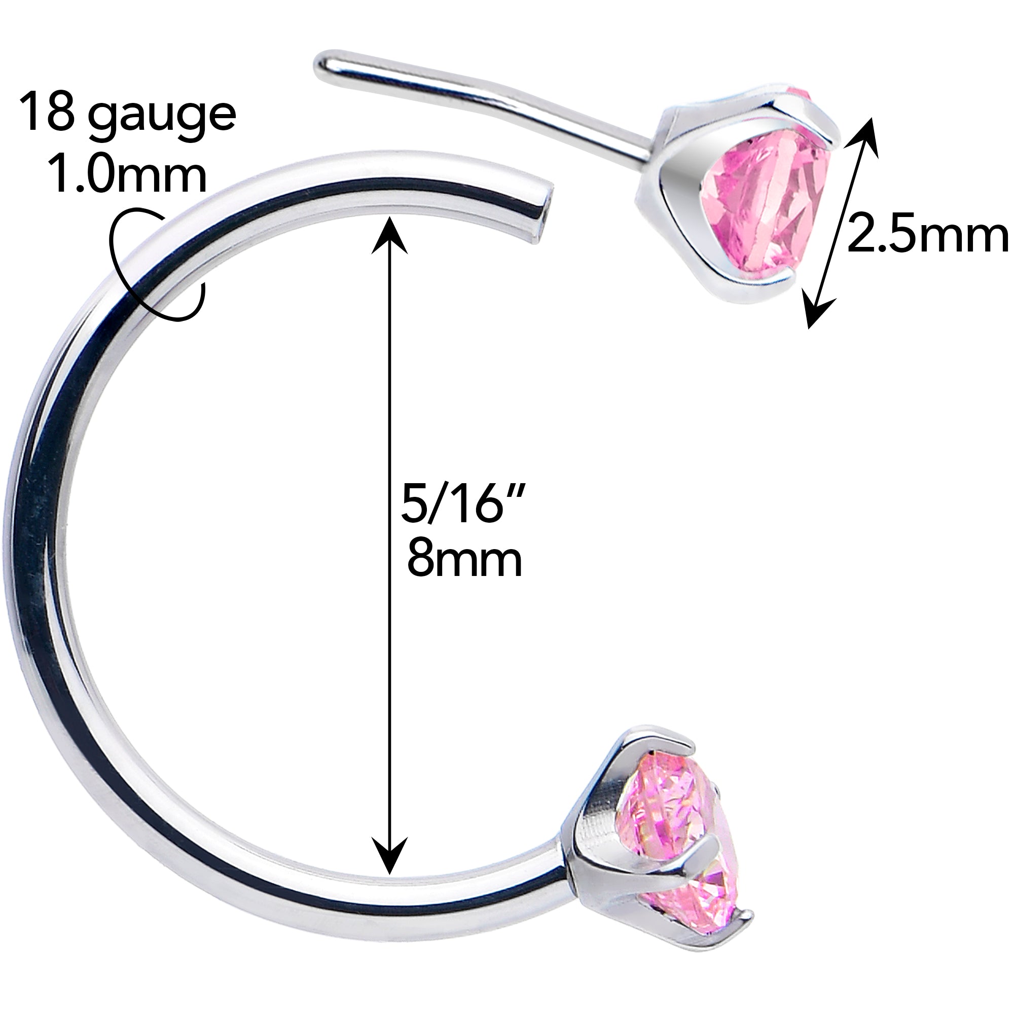 Double Gem Titanium Horseshoe Nose Ring - Push In Threadless Titanium CZ Horseshoe Nose Hoop