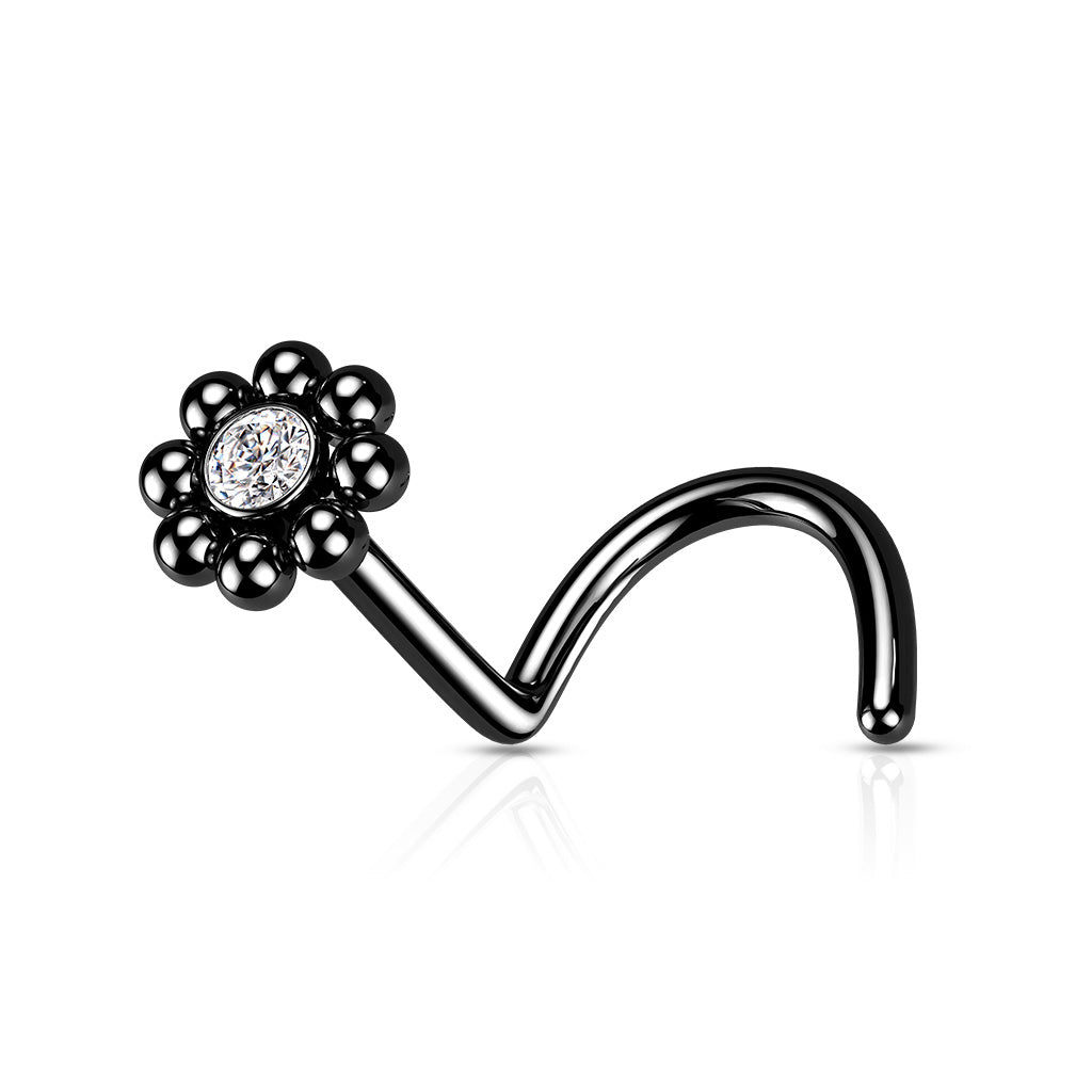 20g black flower nose screw with clear cz gem
