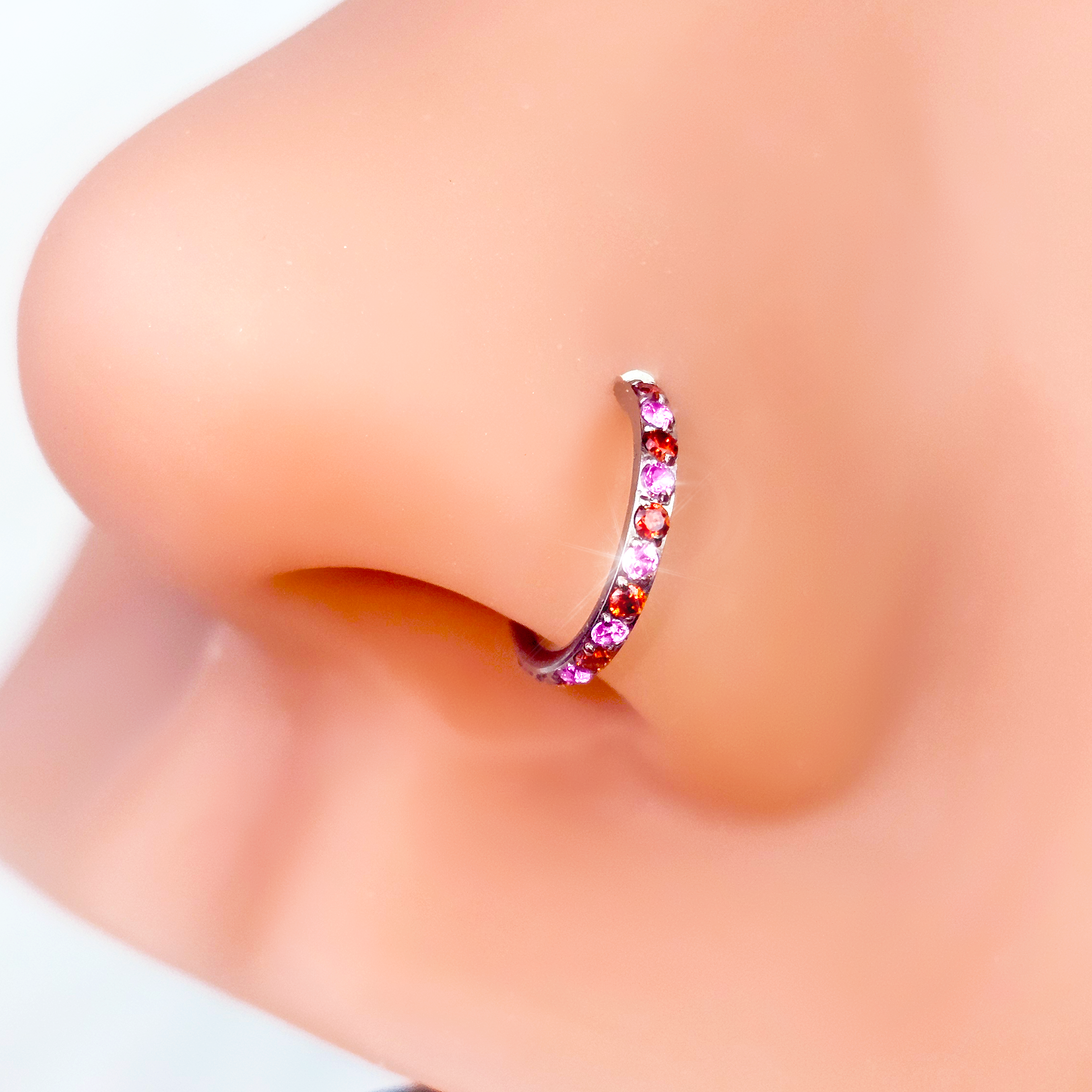 20G Micro Gem Titanium Hinged Nose Hoop - Pink Red Nose Ring