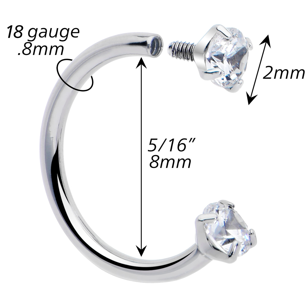 Double Gem Titanium Horseshoe Nose Ring - Internally Threaded Solid Titanium CZ Horseshoe Nose Hoop