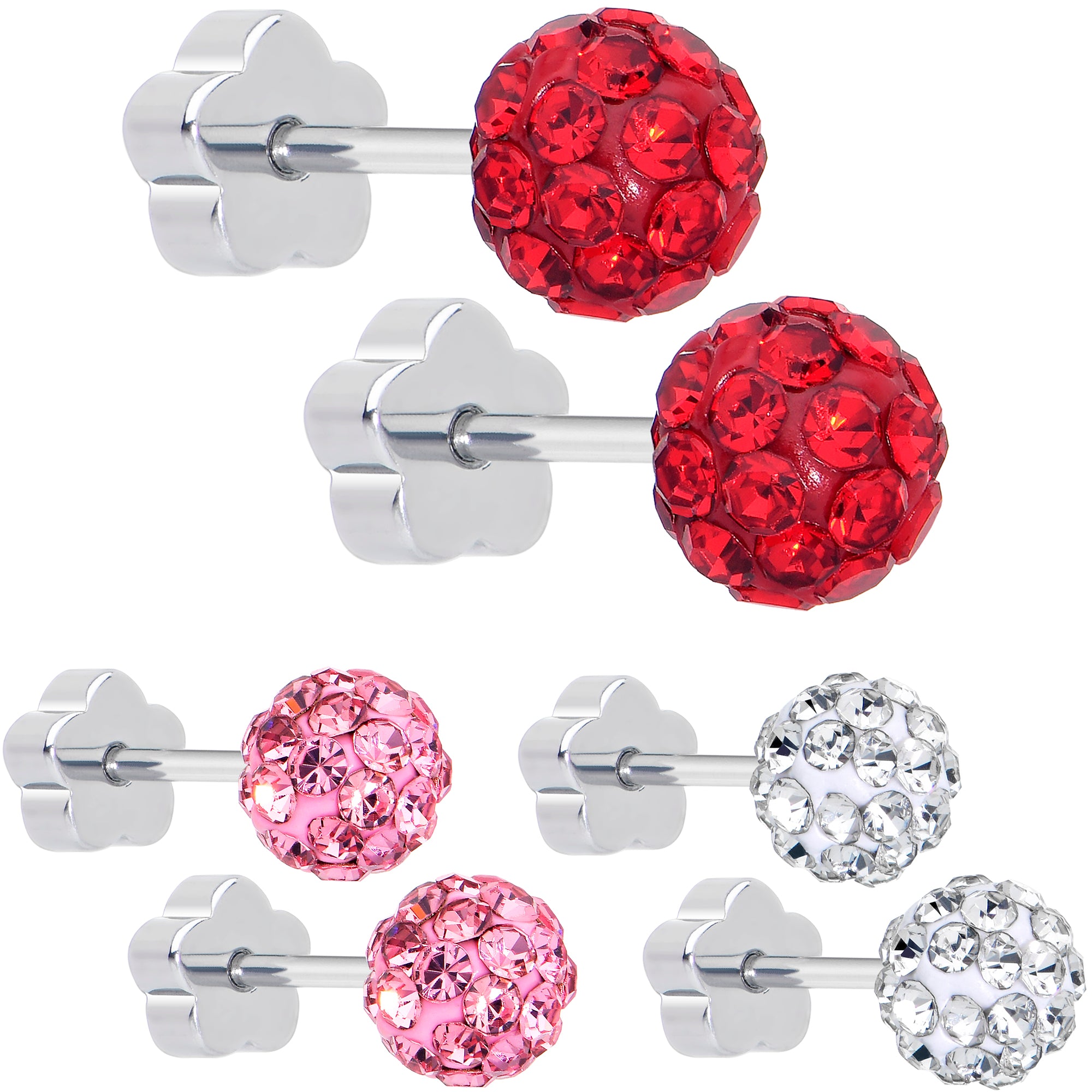 Crystal ball flower stud earrings screw back surgical steel