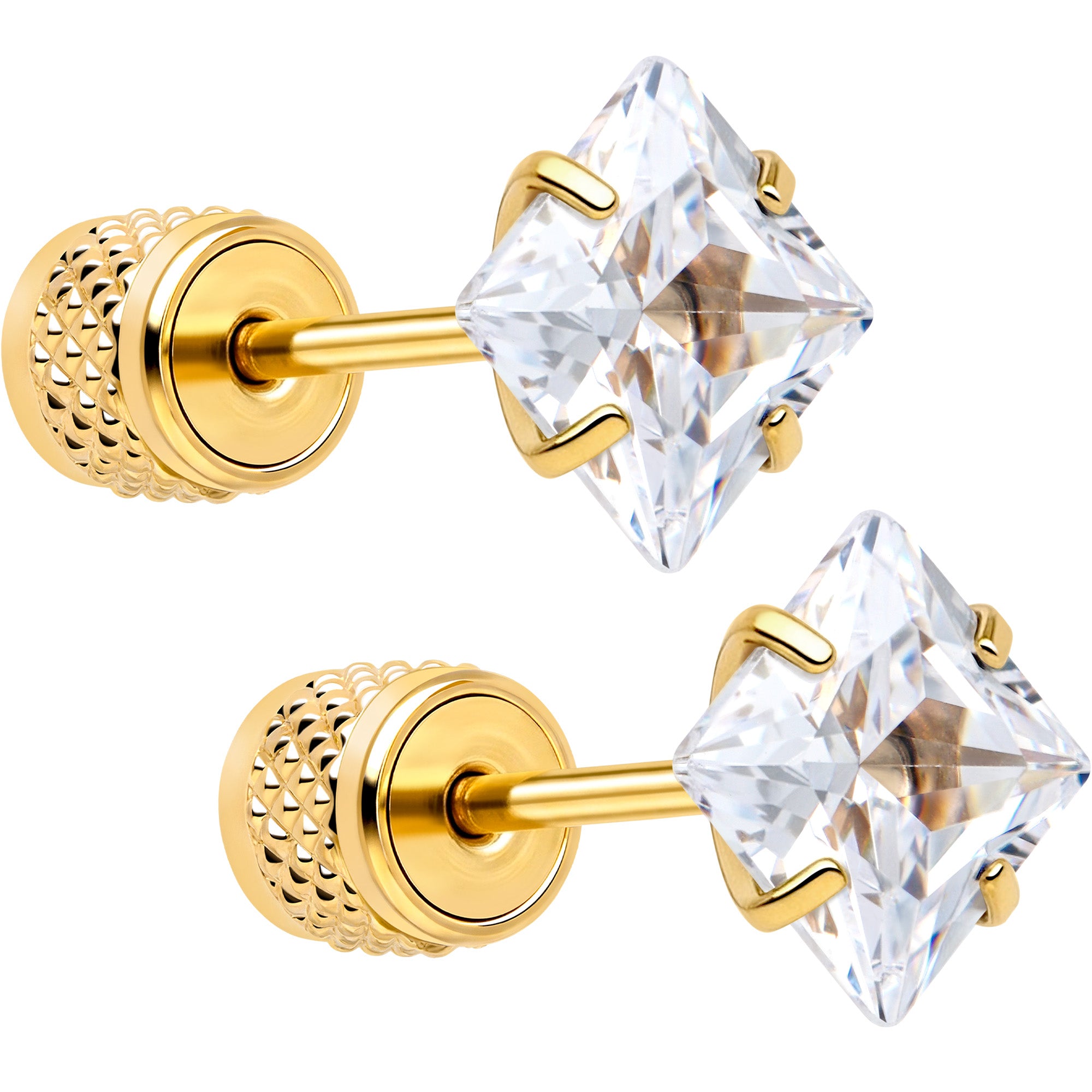 Square Cubic Zirconia 316L Surgical Steel Cylinder Back Earrings - 3mm to 7mm