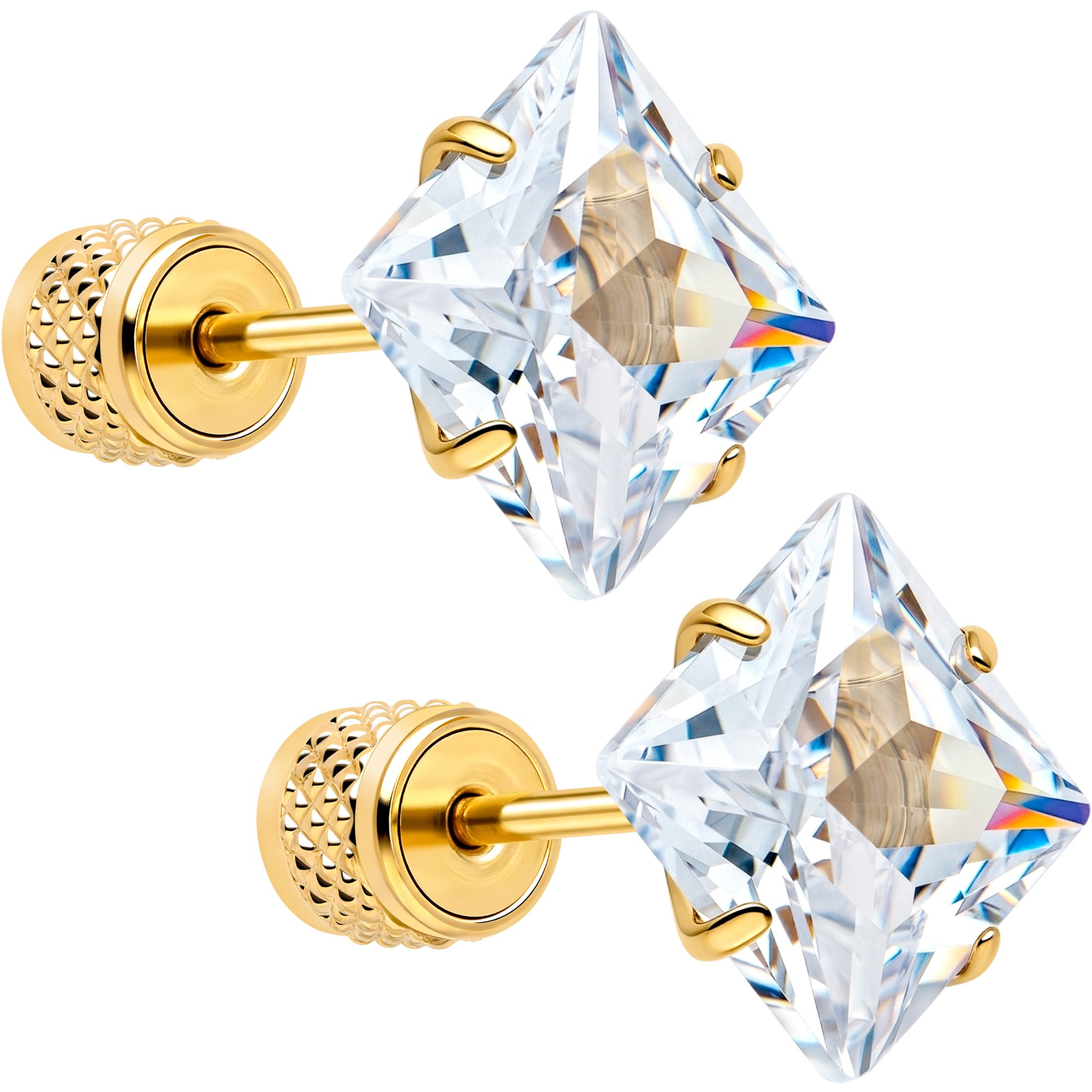 Square Cubic Zirconia 316L Surgical Steel Cylinder Back Earrings - 3mm to 7mm