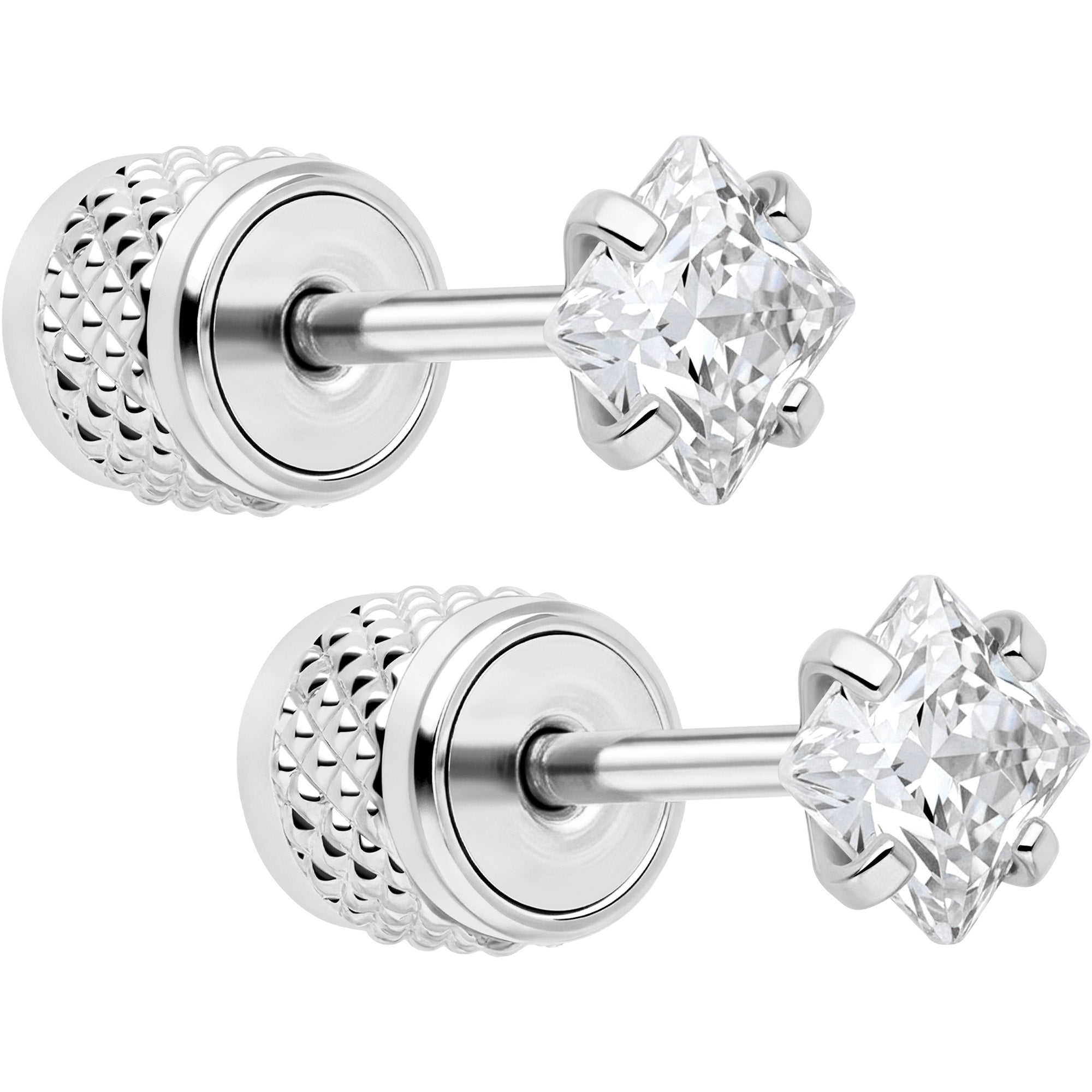 Square Cubic Zirconia 316L Surgical Steel Cylinder Back Earrings - 3mm to 7mm