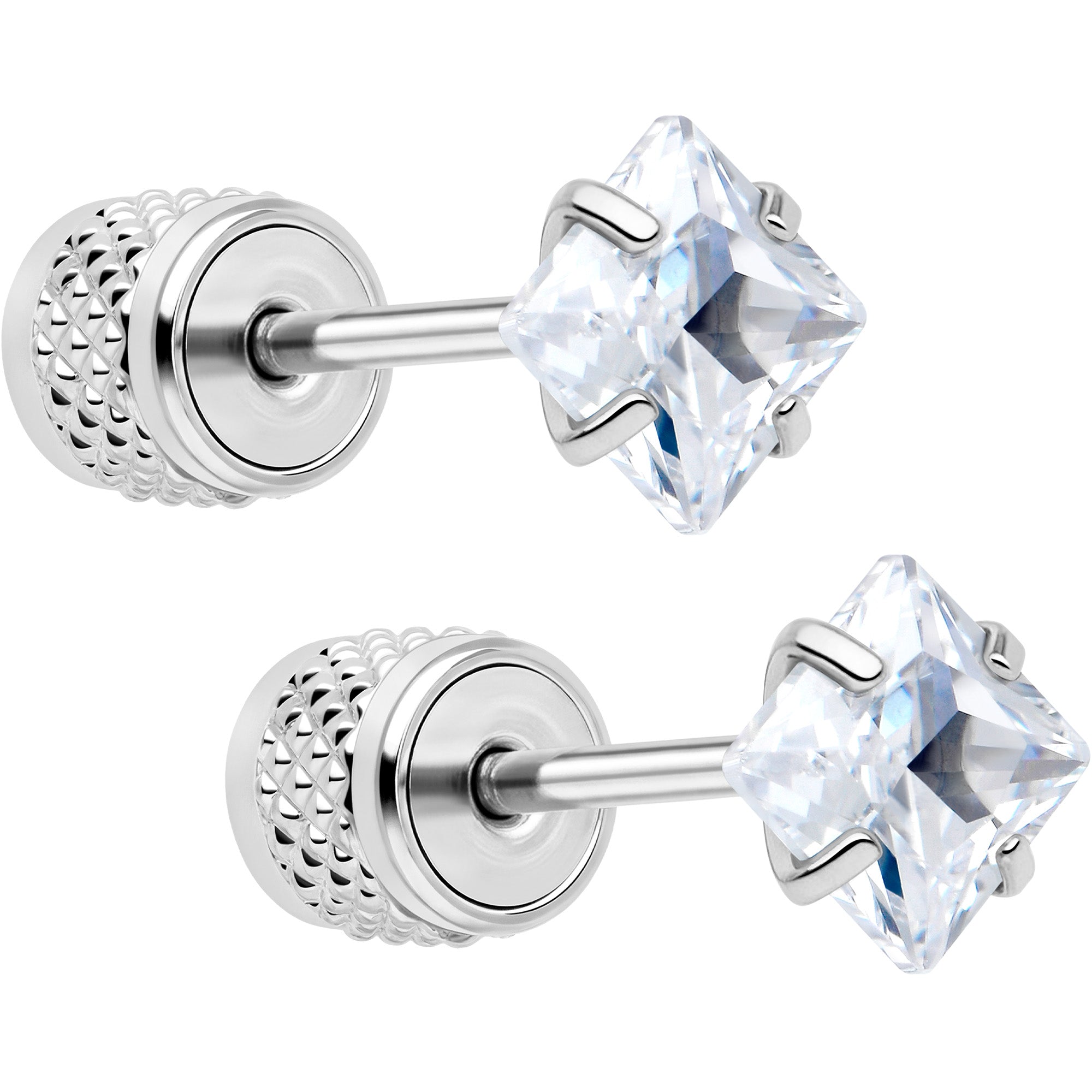 Square Cubic Zirconia 316L Surgical Steel Cylinder Back Earrings - 3mm to 7mm