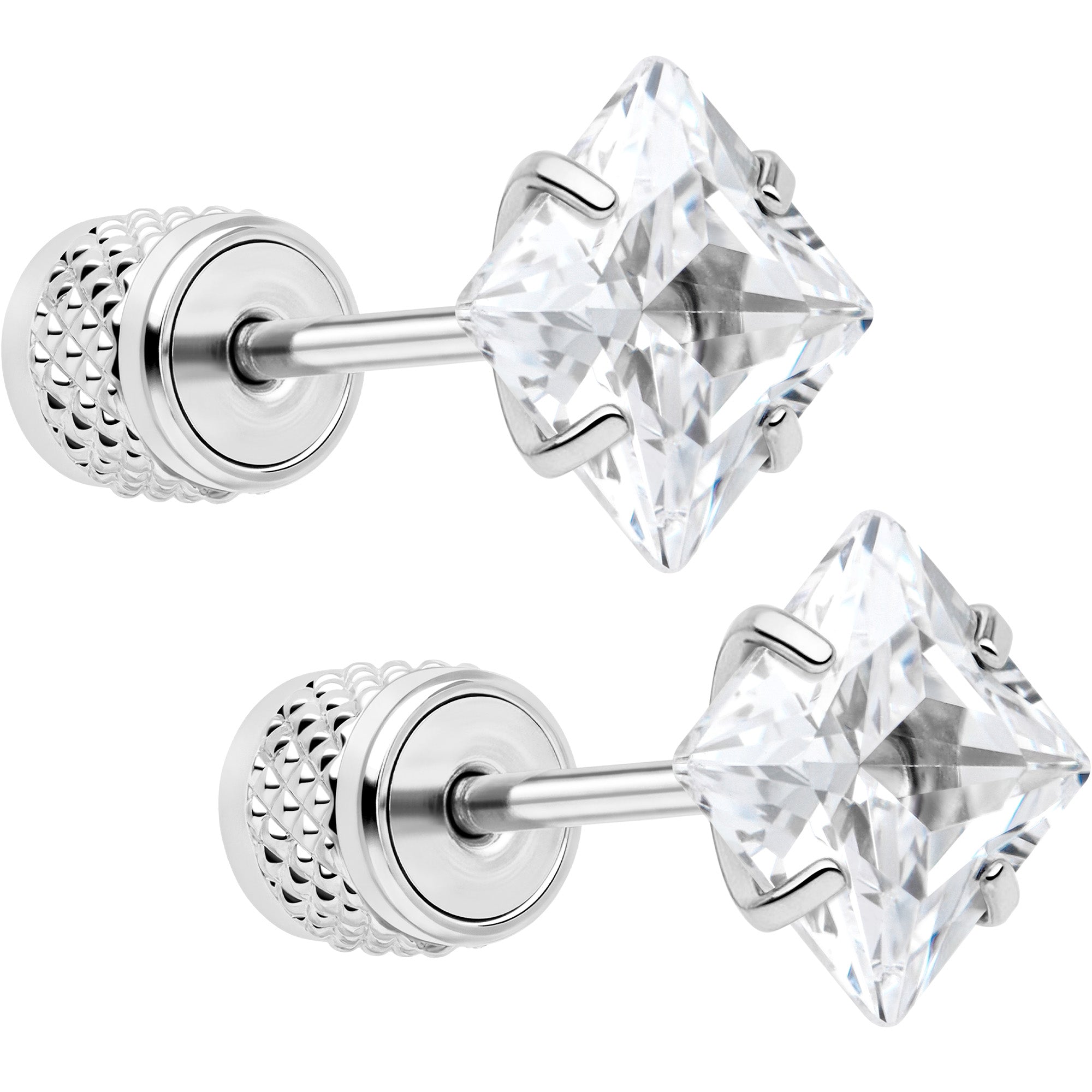 Square Cubic Zirconia 316L Surgical Steel Cylinder Back Earrings - 3mm to 7mm
