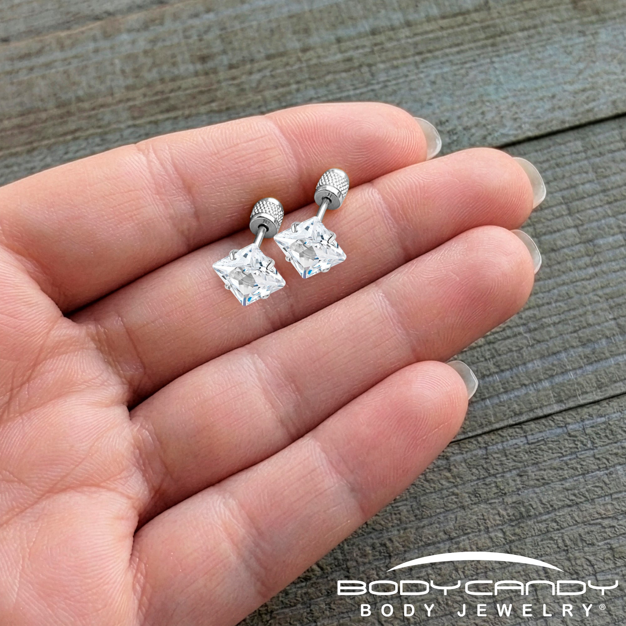 Square Cubic Zirconia 316L Surgical Steel Cylinder Back Earrings - 3mm to 7mm
