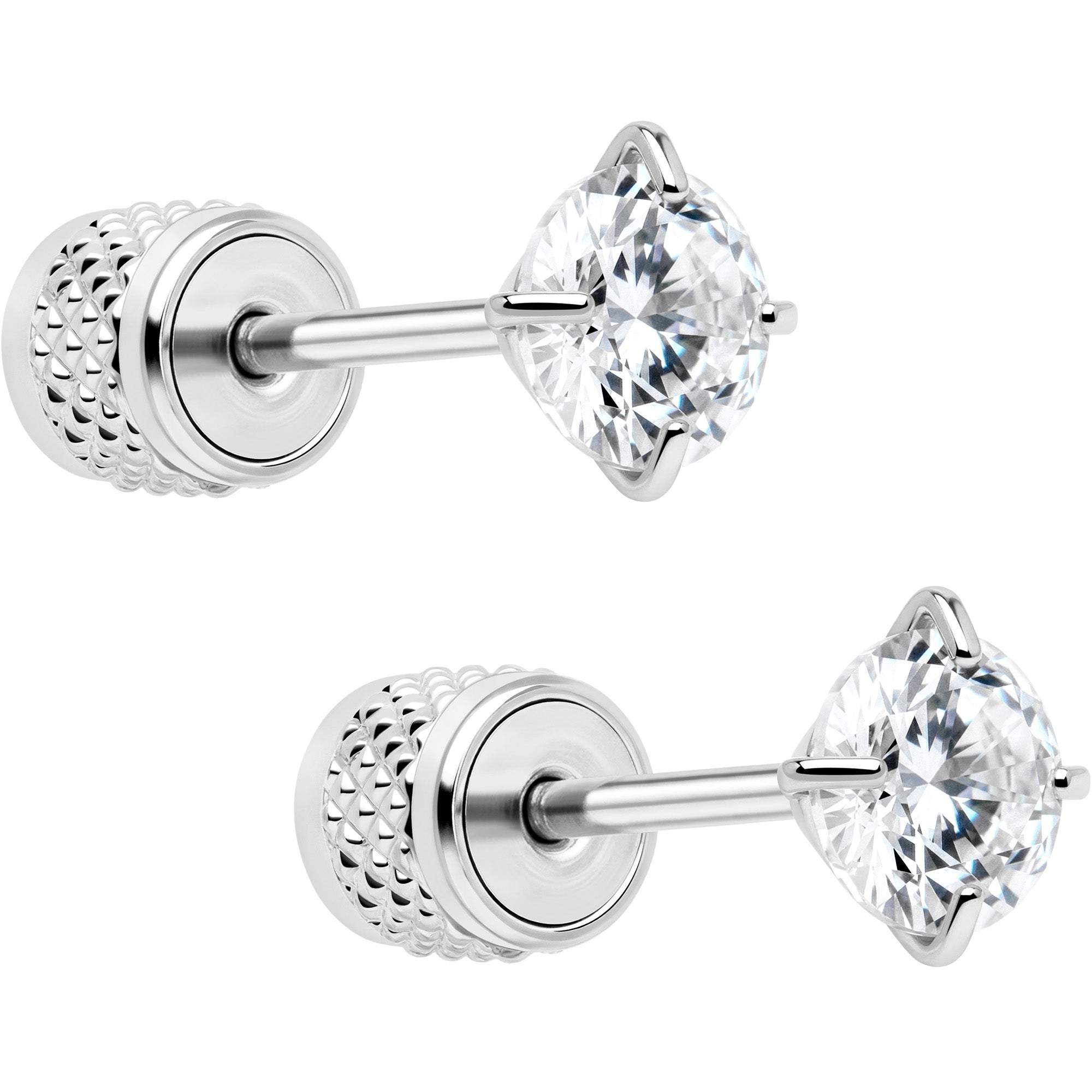 Round Cubic Zirconia 316L Surgical Steel Cylinder Back Earrings - 3mm to 7mm