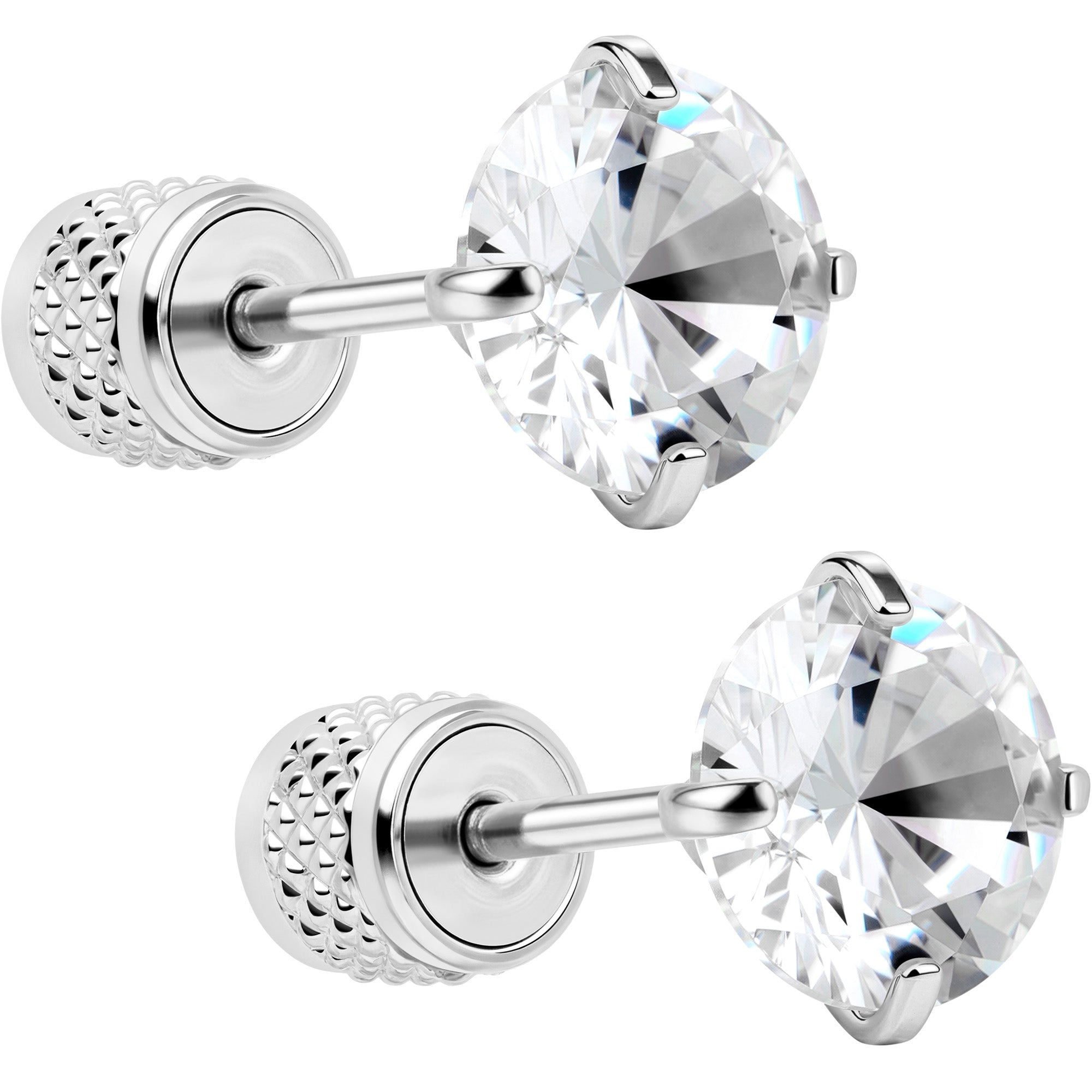 Round Cubic Zirconia 316L Surgical Steel Cylinder Back Earrings - 3mm to 7mm