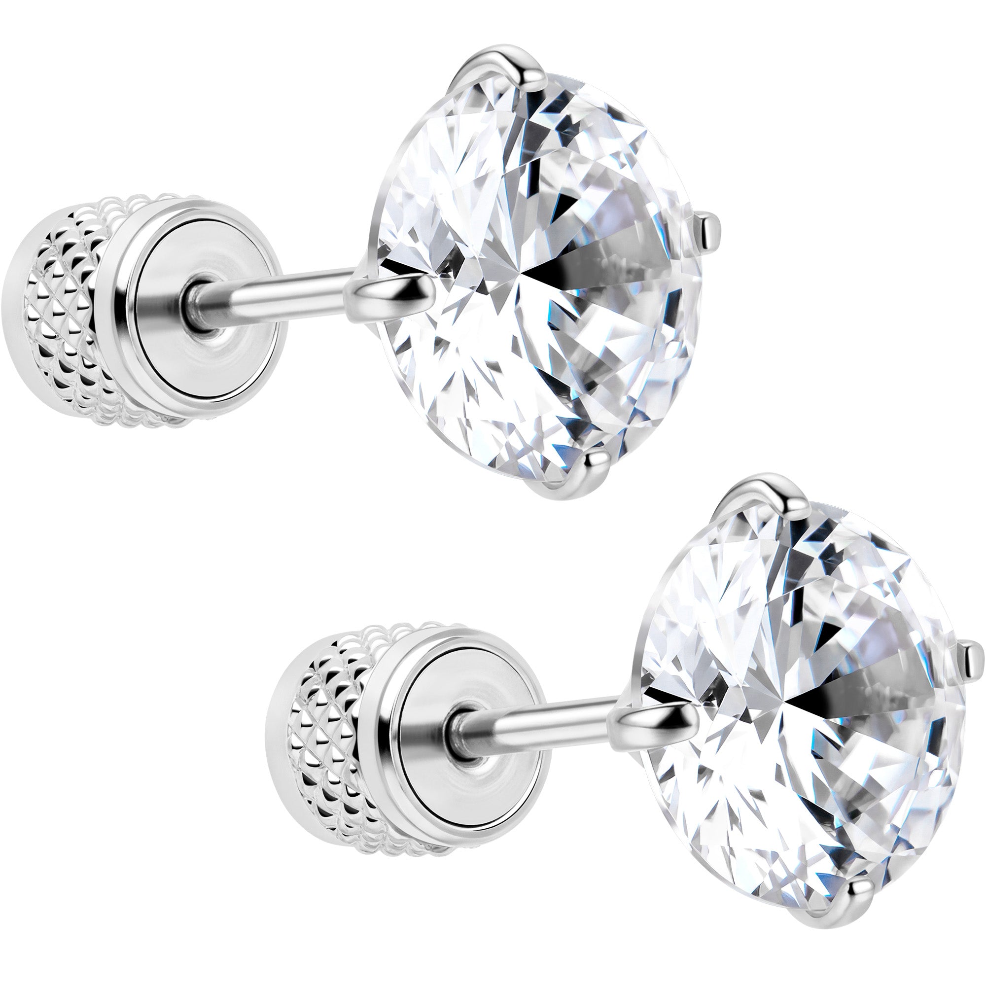 Round Cubic Zirconia 316L Surgical Steel Cylinder Back Earrings - 3mm to 7mm